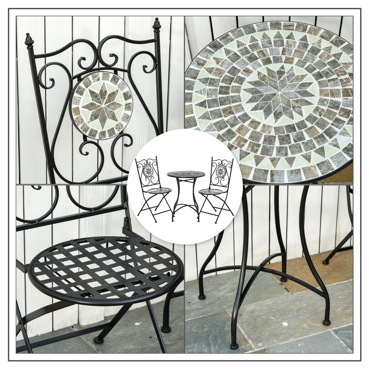Outsunny 3-Piece Mosaic Tile Garden Bistro Set with Folding Chairs