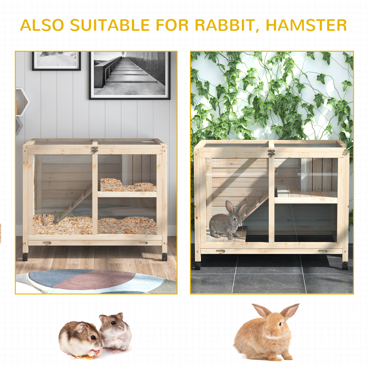 PawHut Indoor Rabbit Hutch for Rabbits, Guinea Pigs and Large Rodents, 2-Tier Wooden Cage with Openable Roof, Large Entrance, Latch Door and Pull-Out Tray, Natural