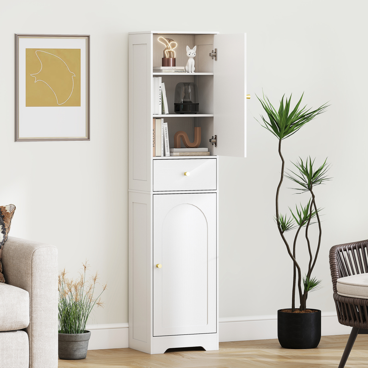 HOMCOM Tall White Bathroom Storage Cabinet with Arch Doors & Drawer