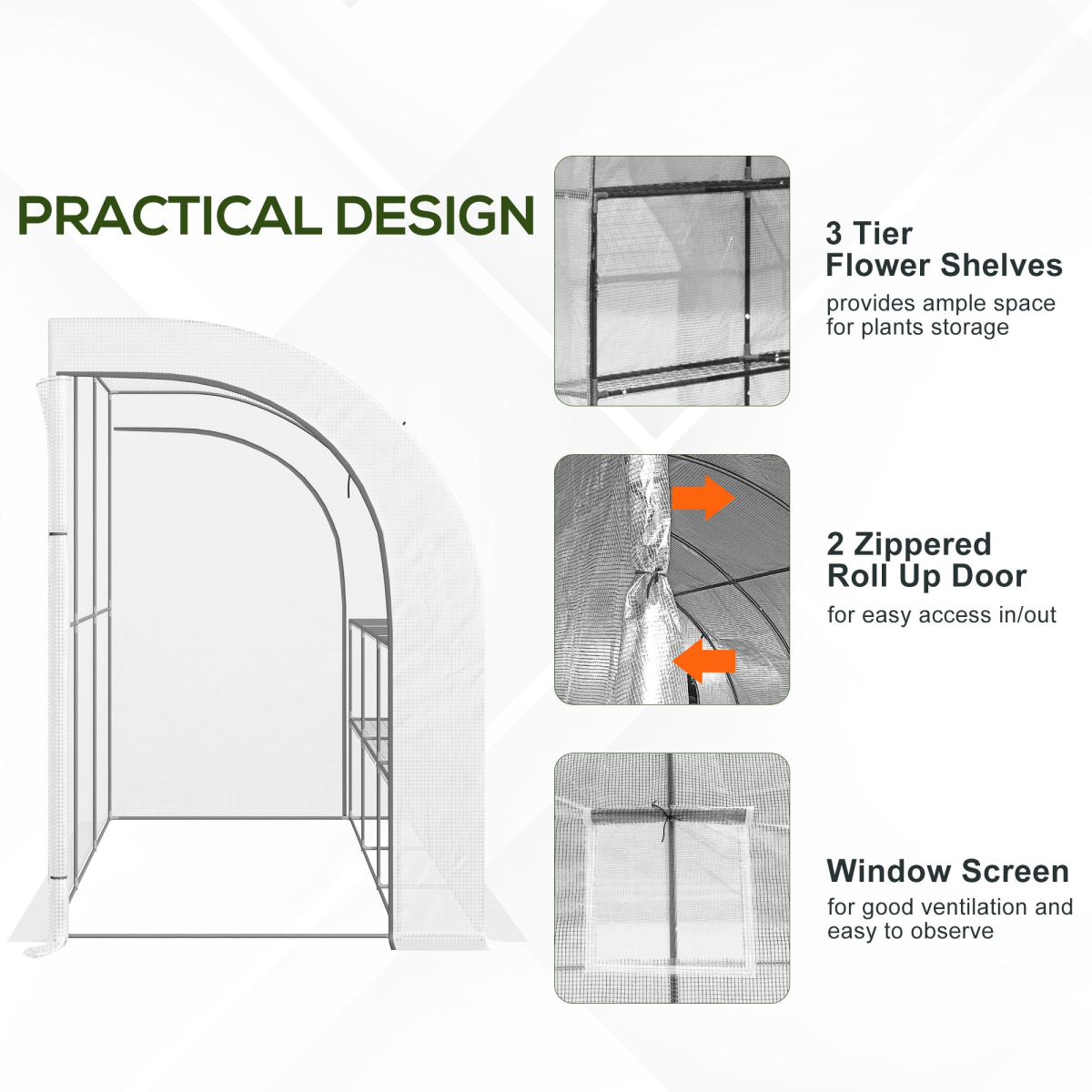 Plant Greenhouse Lean-To with Shelves, Zipper Doors, White, 300 x 150 x 213 cm