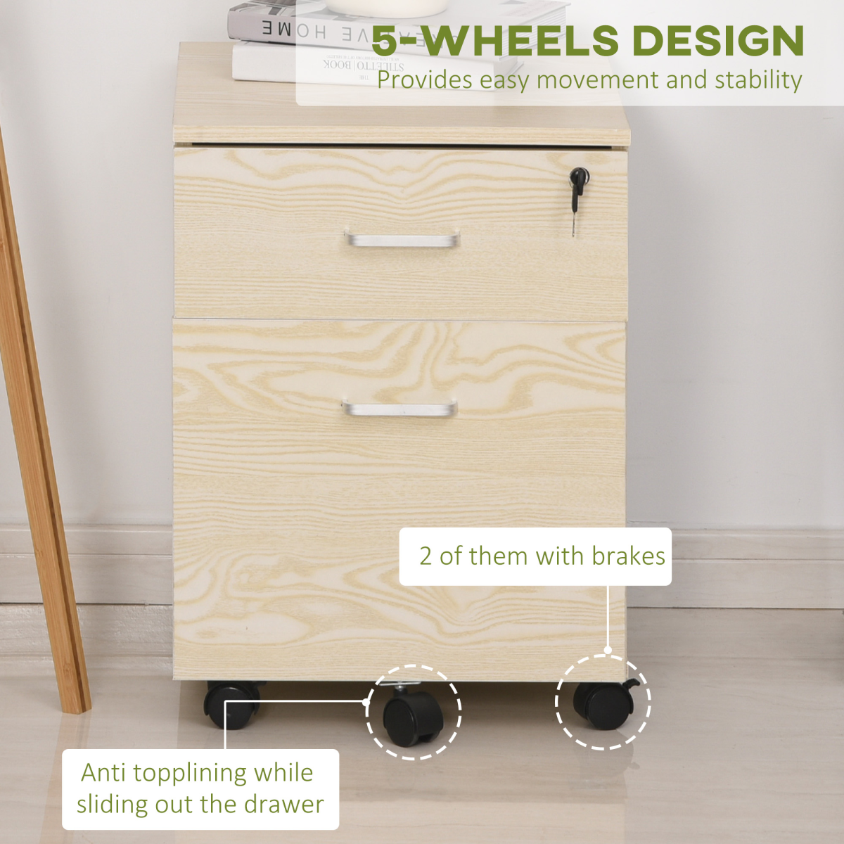 2-Drawer Locking Office Filing Cabinet with 5 Wheels, Oak Finish, Rolling Storage Cabinet