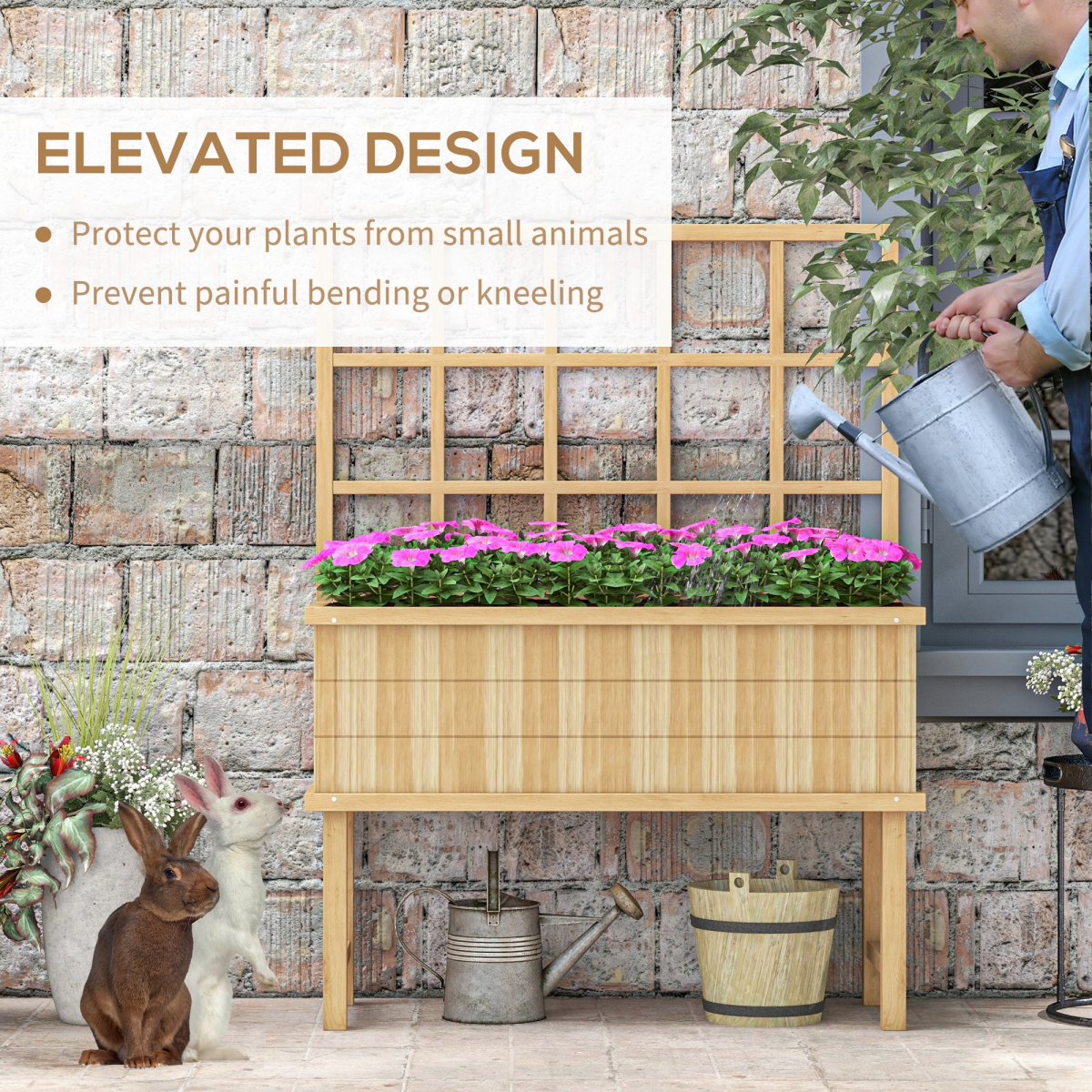 Outsunny Natural Wood Raised Planter Box with Trellis, Drain Holes, Elevated Garden Bed
