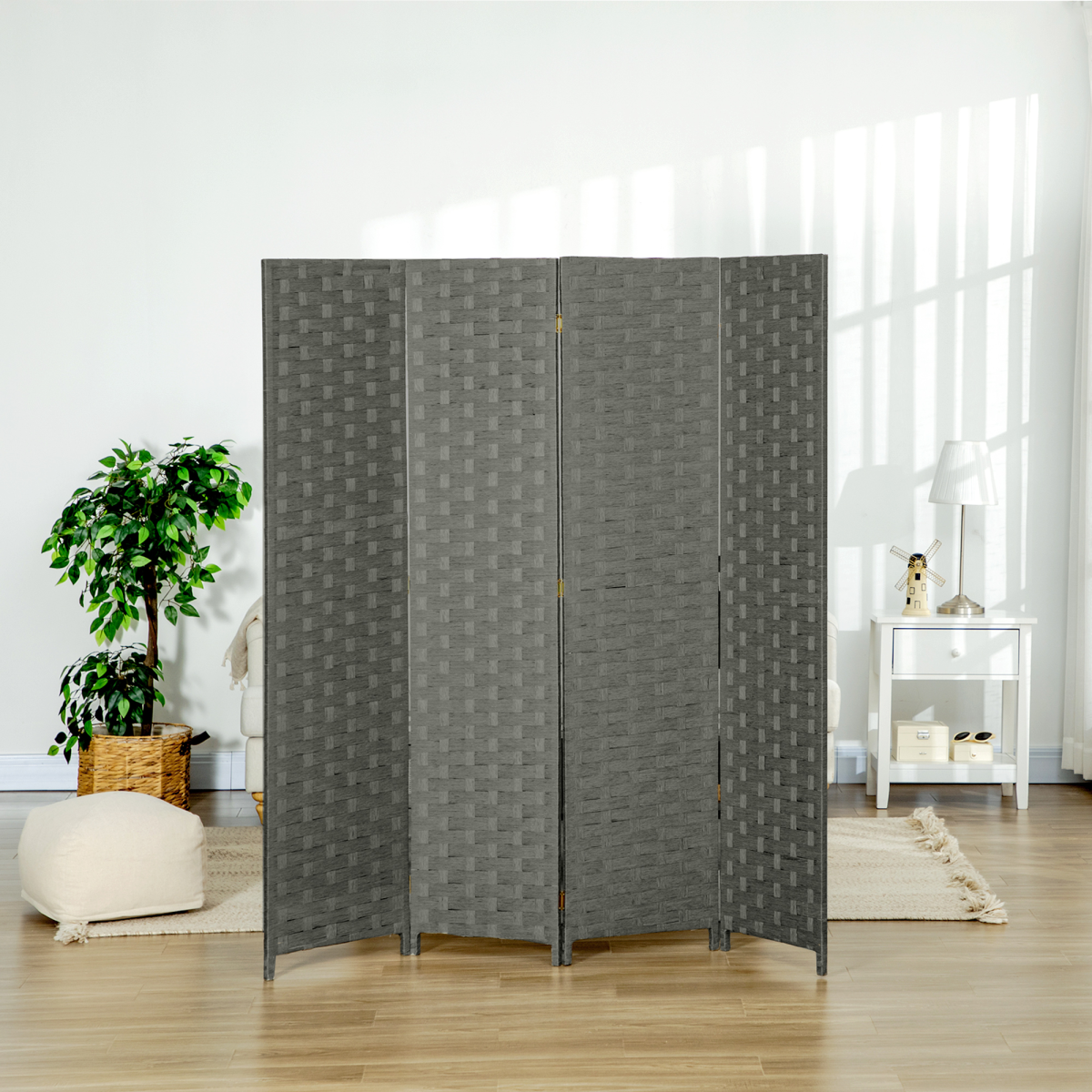 4-Panel Foldable Wave Fibre Room Divider Privacy Screen, Grey