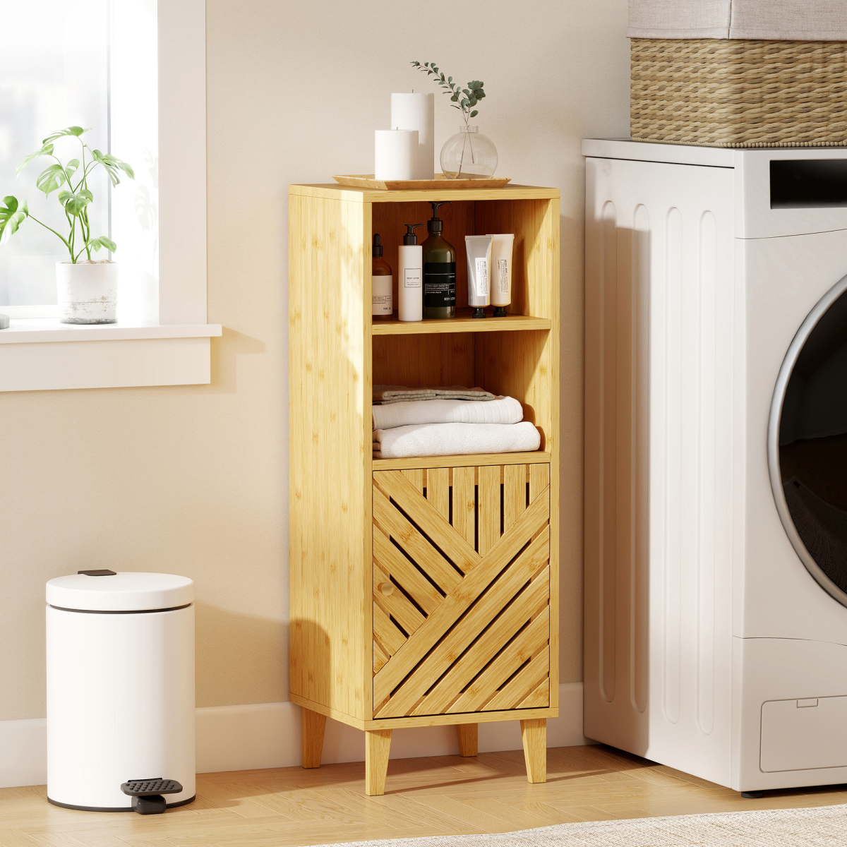 HOMCOM Narrow Bamboo Bathroom Storage Cabinet with Open Compartments