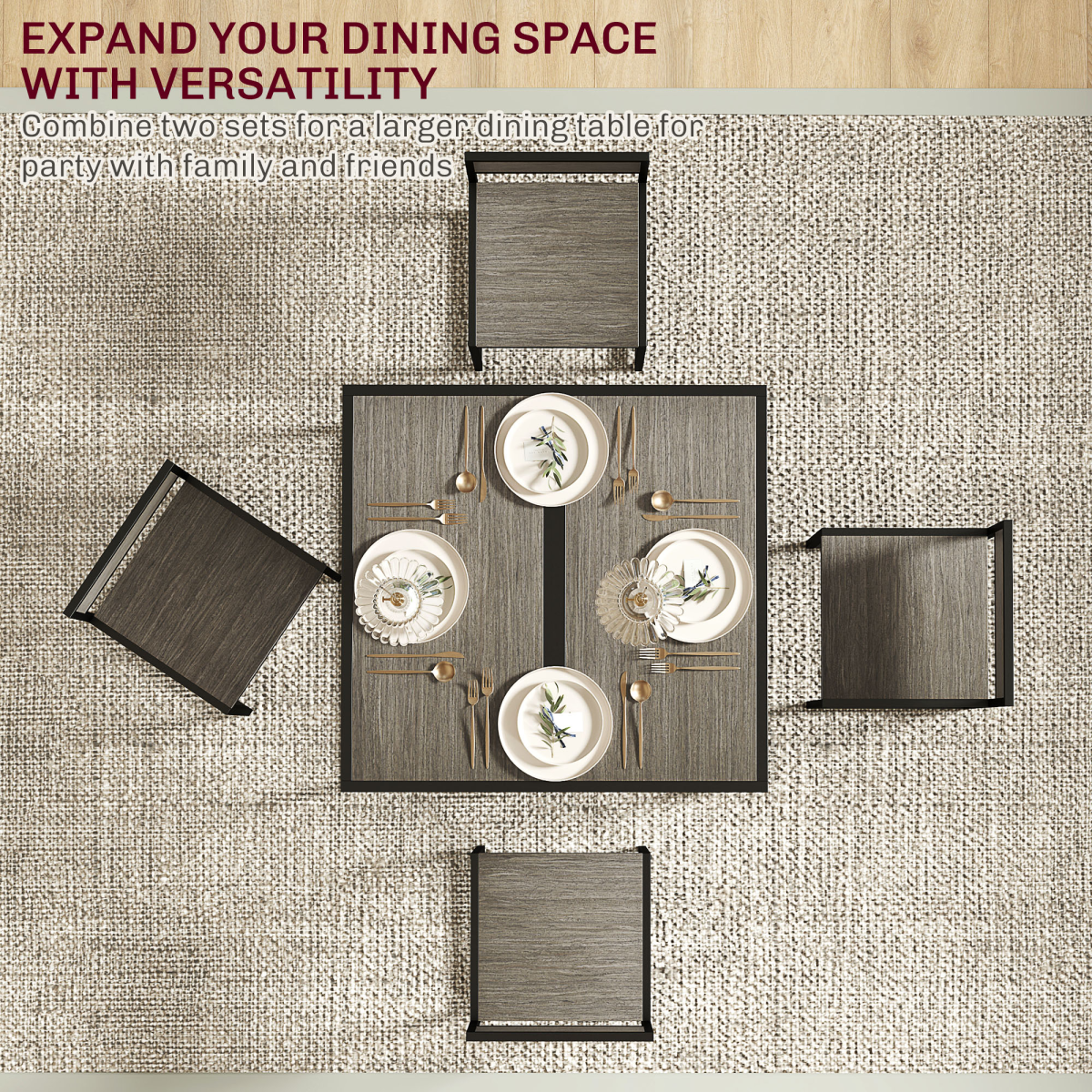 HOMCOM 3-Piece Dining Table Set, Steel Frame, Grey Wood-Effect