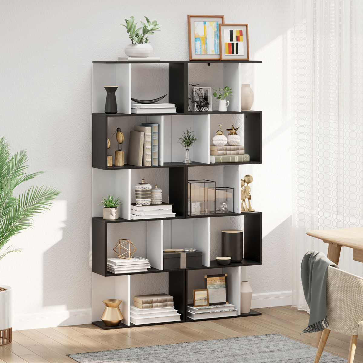HOMCOM 5-Tier S-Shaped Bookcase Shelf Divider, Open-Back Display Storage Unit, Black