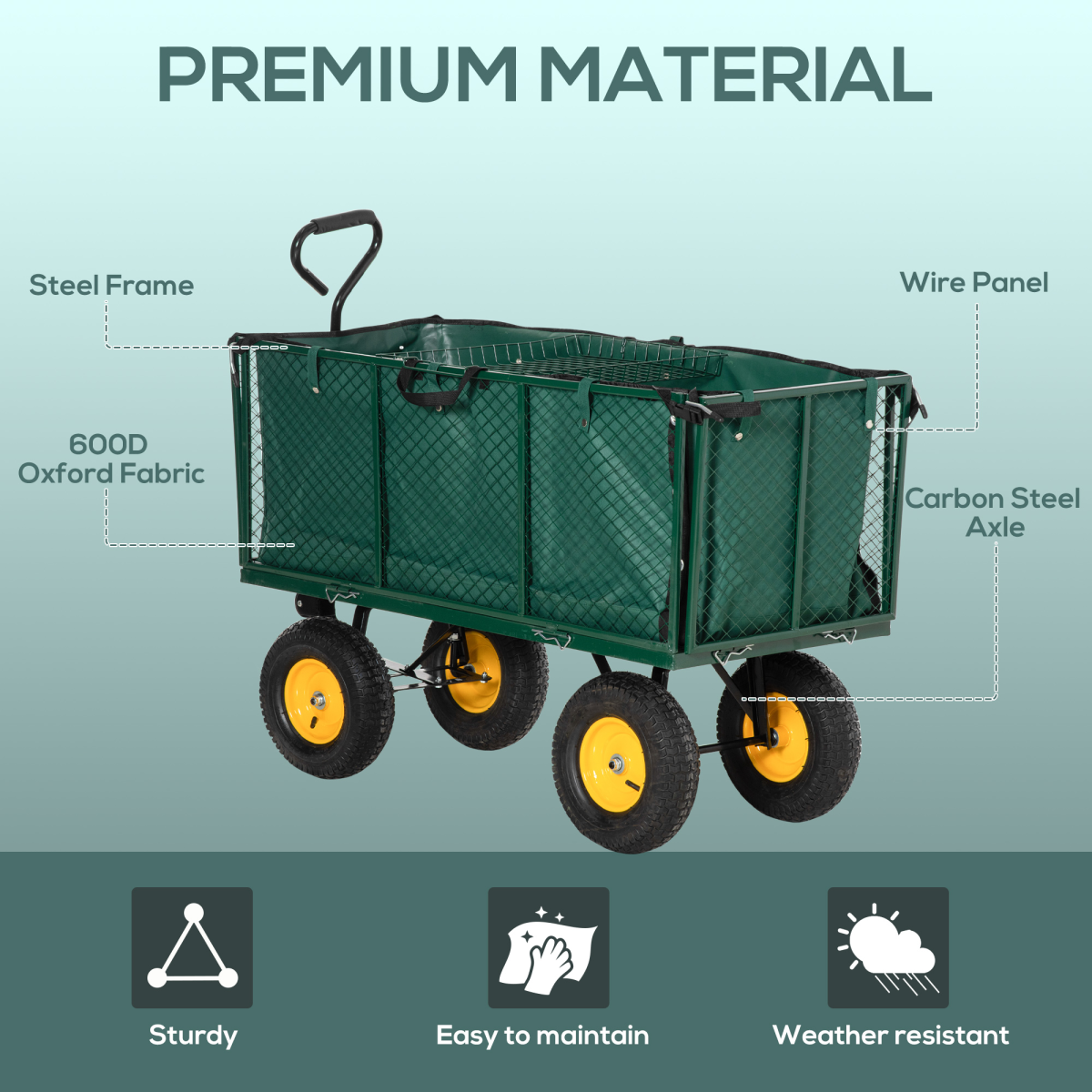 Outsunny Large 4 Wheel Garden Cart Truck Trolley with 342L Removable Fabric Bag, Removable Shelf, 350kg Load Capacity - Green