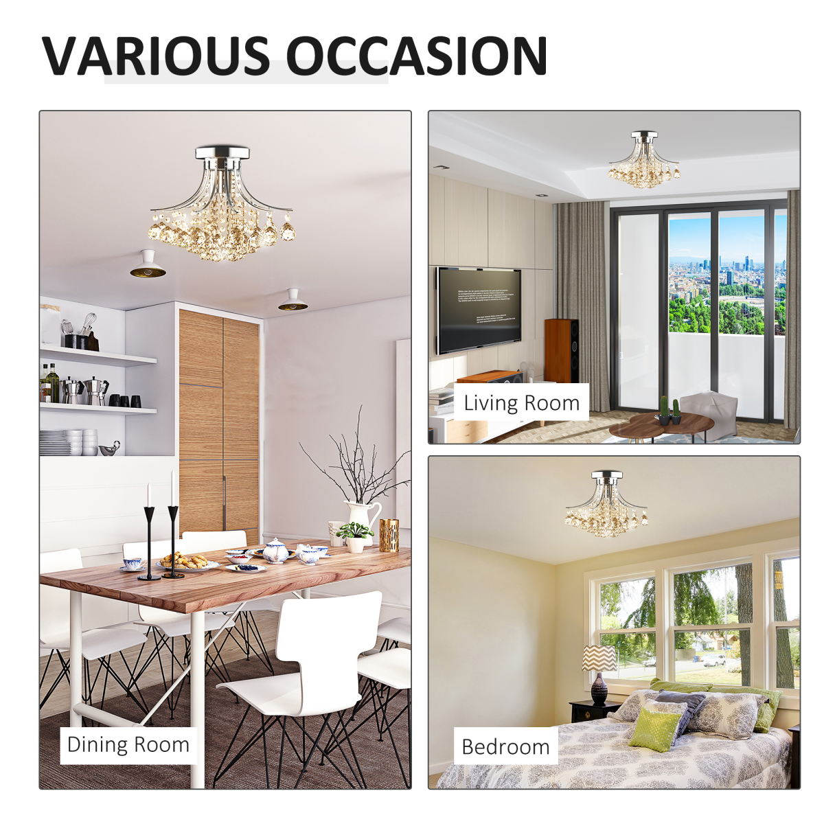 HOMCOM Modern K9 Crystal Chandelier Ceiling Light, 3-Light E14 Flush Mount, 43 Crystal Balls, 140 Octagonal Beads, Bulbs Not Included