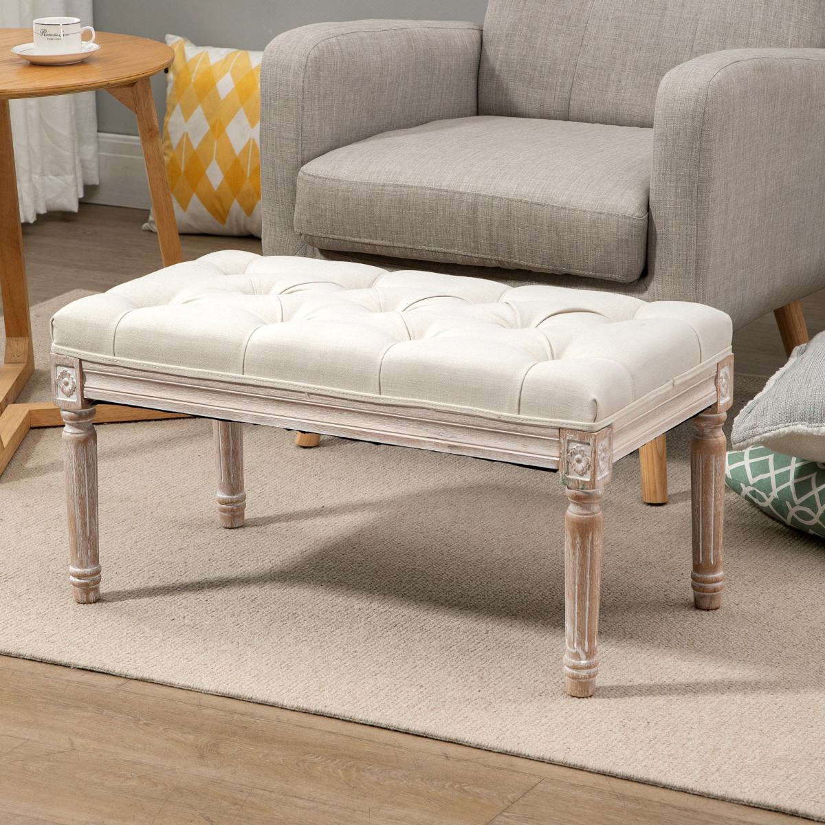 Tufted Upholstered Accent Bench with Linen-Touch Fabric, Beige