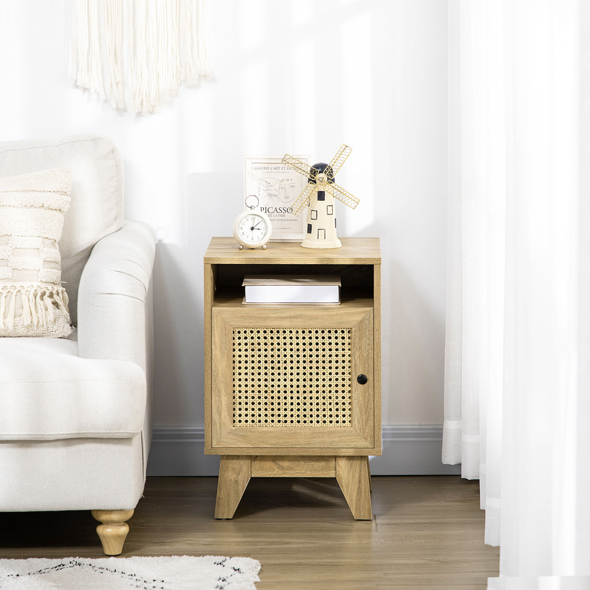 HOMCOM Bedside Table with Drawer, Shelf and Rattan Panel