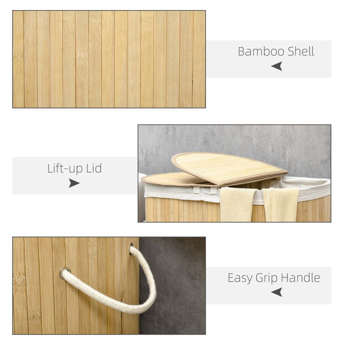 100L Bamboo Laundry Basket with Lid, 2 Compartments and Removable Lining, Natural