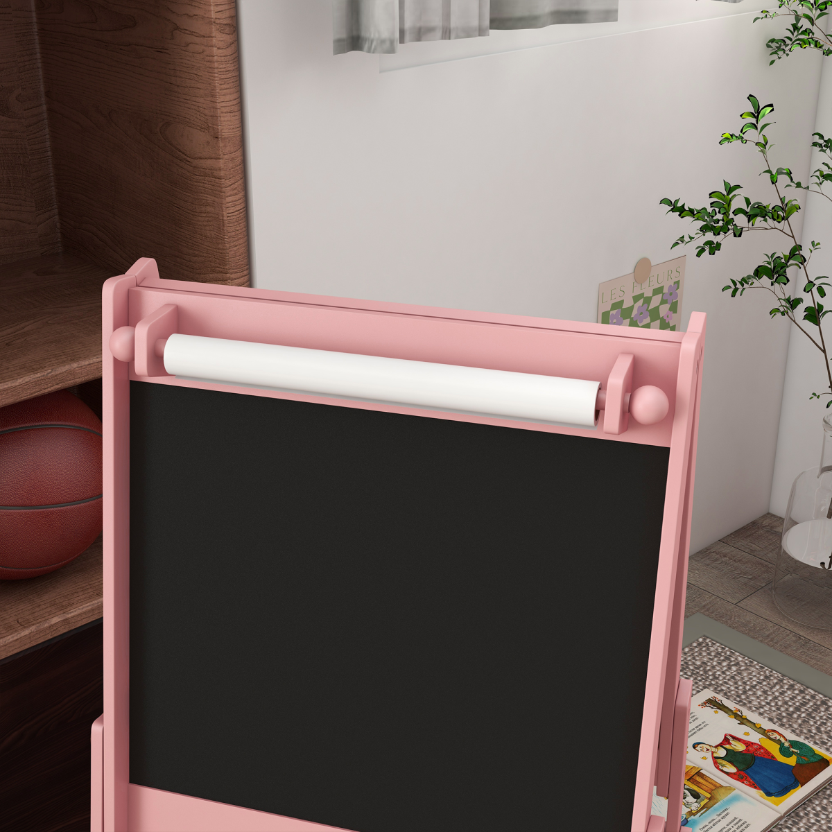 AIYAPLAY Kids 3-in-1 Easel with Paper Roll, Blackboard & Whiteboard, Pink