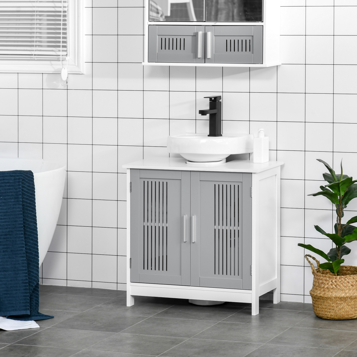 kleankin Modern Under Sink Bathroom Cabinet with 2 Doors, White Vanity Unit, Movable Shelf