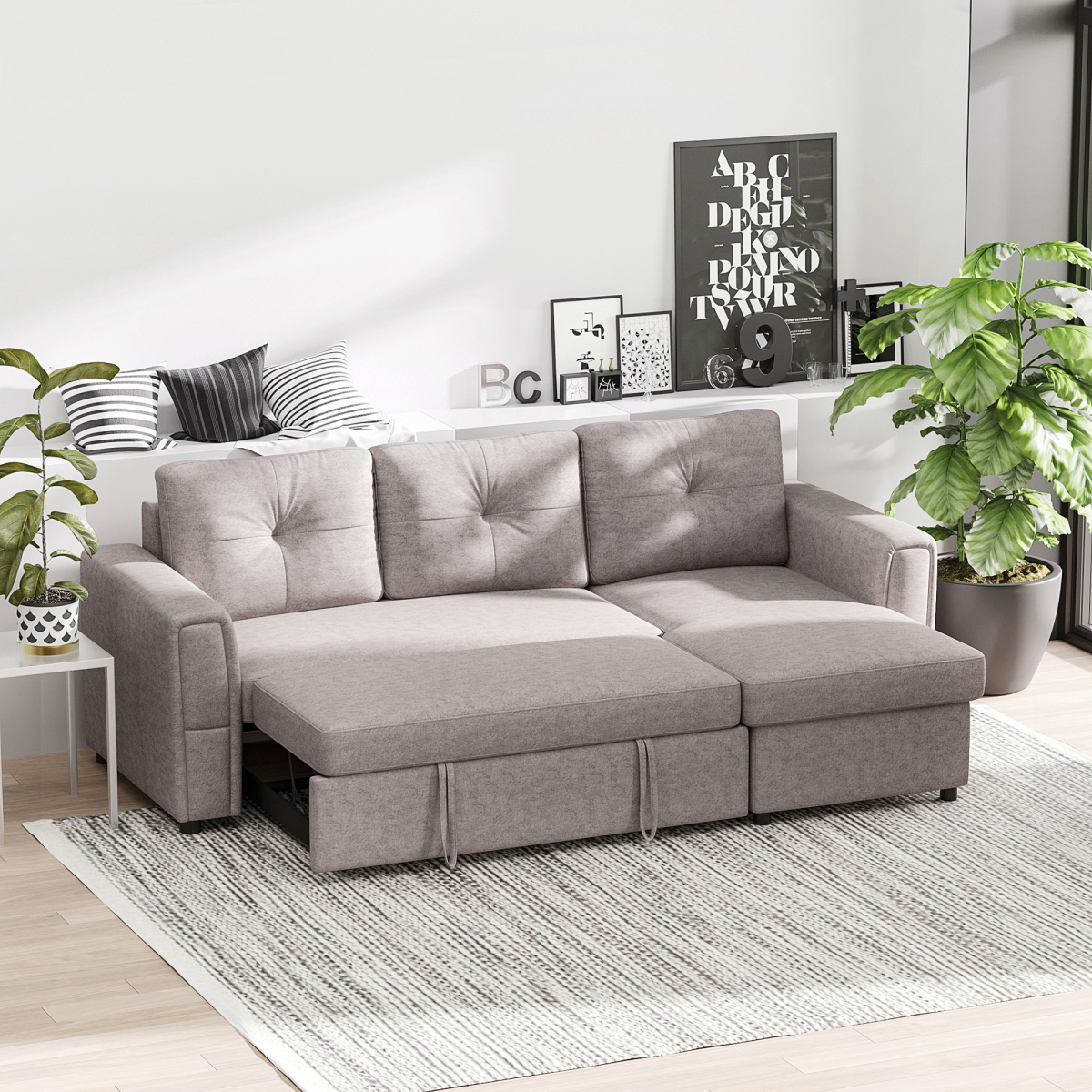 Linen-Look L-Shaped Sofa Bed with Storage, Grey