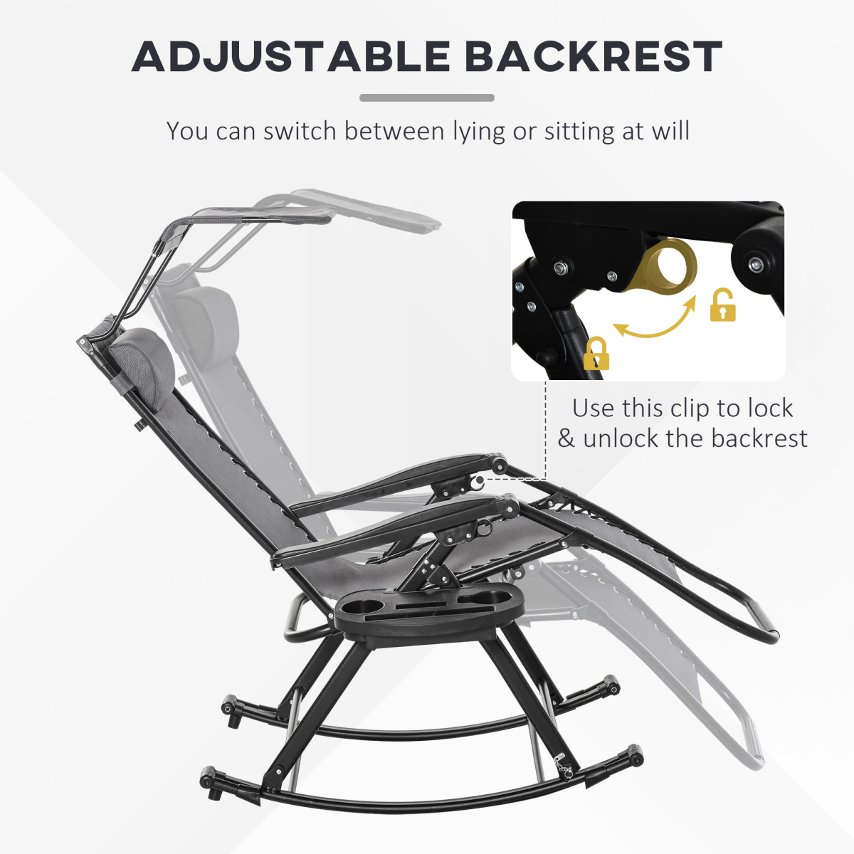 Grey Folding Outdoor Zero-Gravity Recliner Rocker Chair