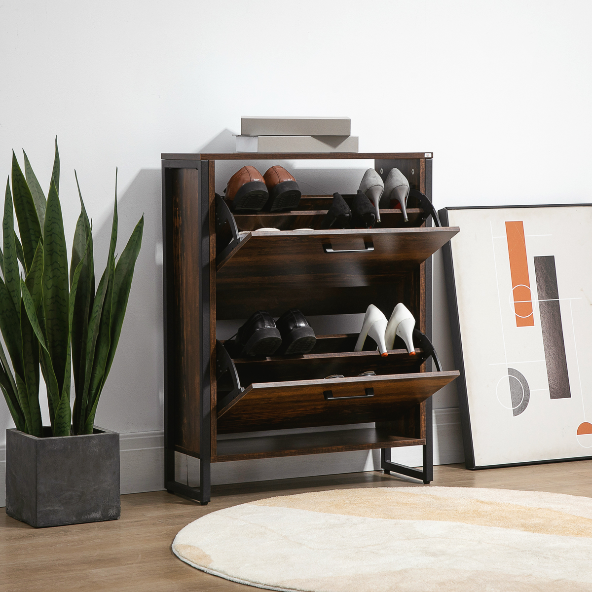 HOMCOM 2-Drawer Flip Shoe Cabinet with Divider, Wood-Effect