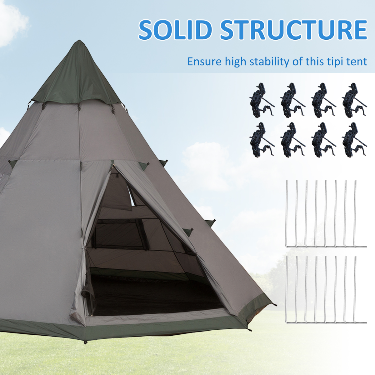 Large Tipi Camping Tent for 6 Adults, Mesh Windows, Carry Bag