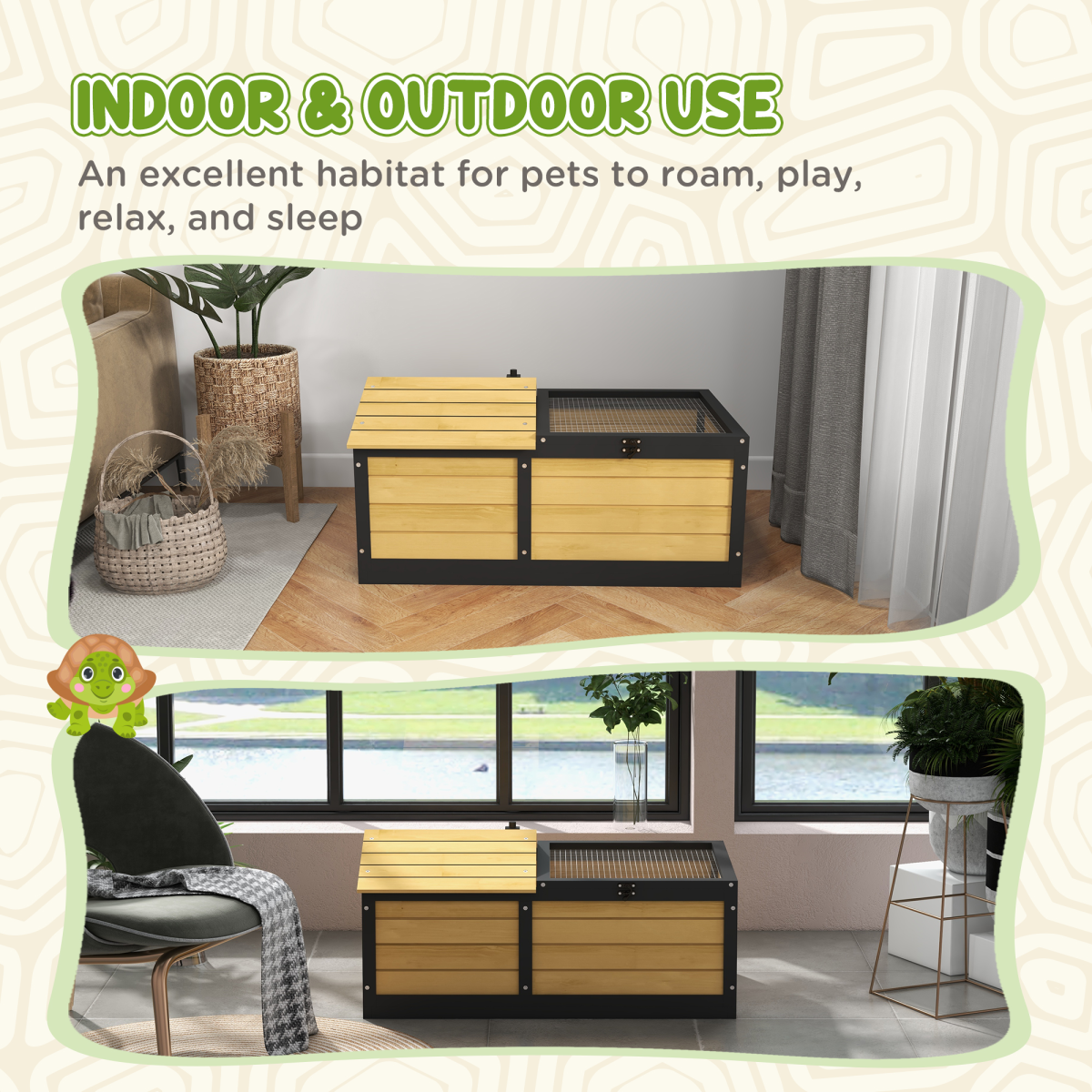 PawHut Wooden Tortoise House with Hide Shelter, Run and Open Roof