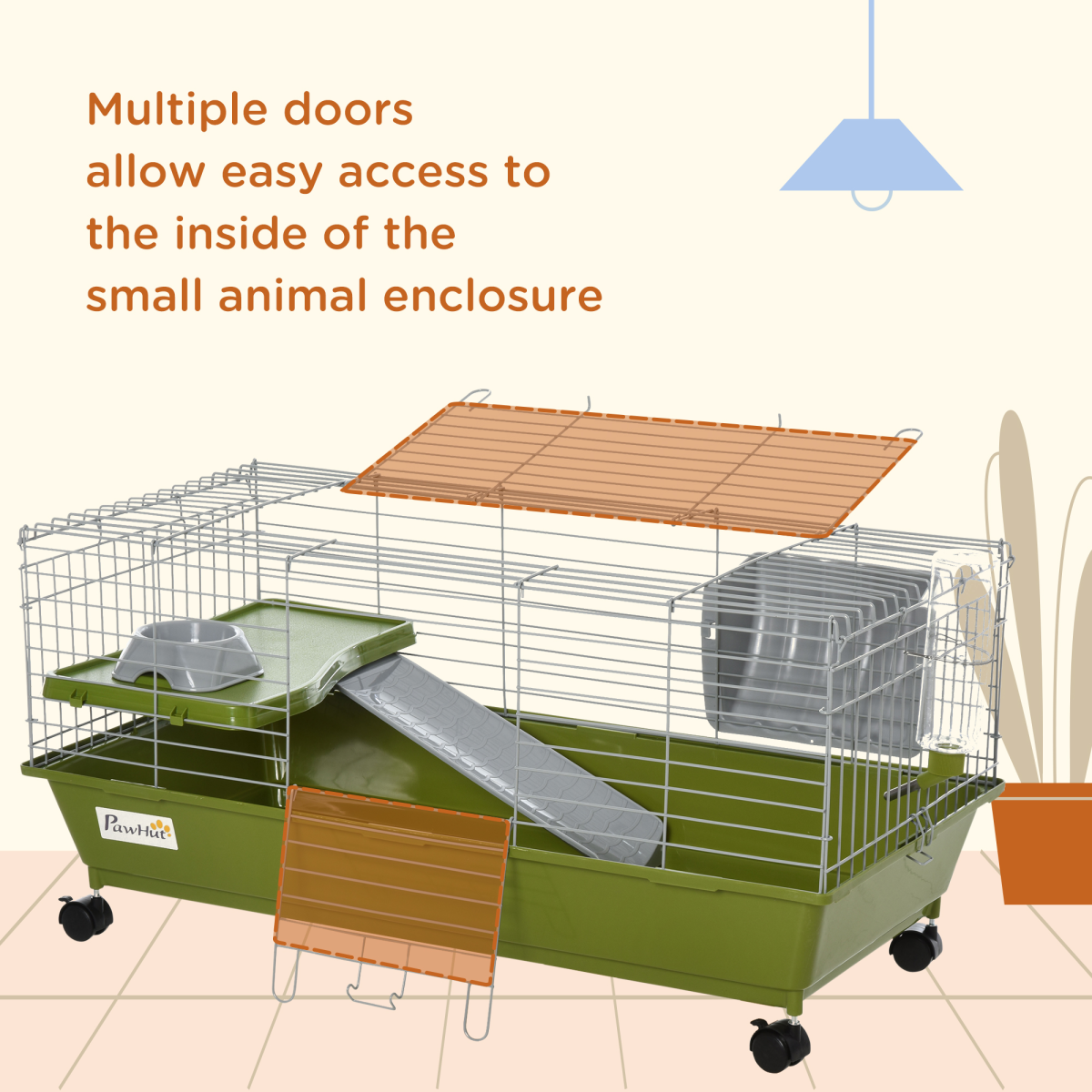 PawHut 89cm Small Animal Home Cage for Rabbits, Ferrets, Chinchillas and Guinea Pigs with Wheels, Platform, Ramp, Hay Feeder, Water Bottle and Food Dish