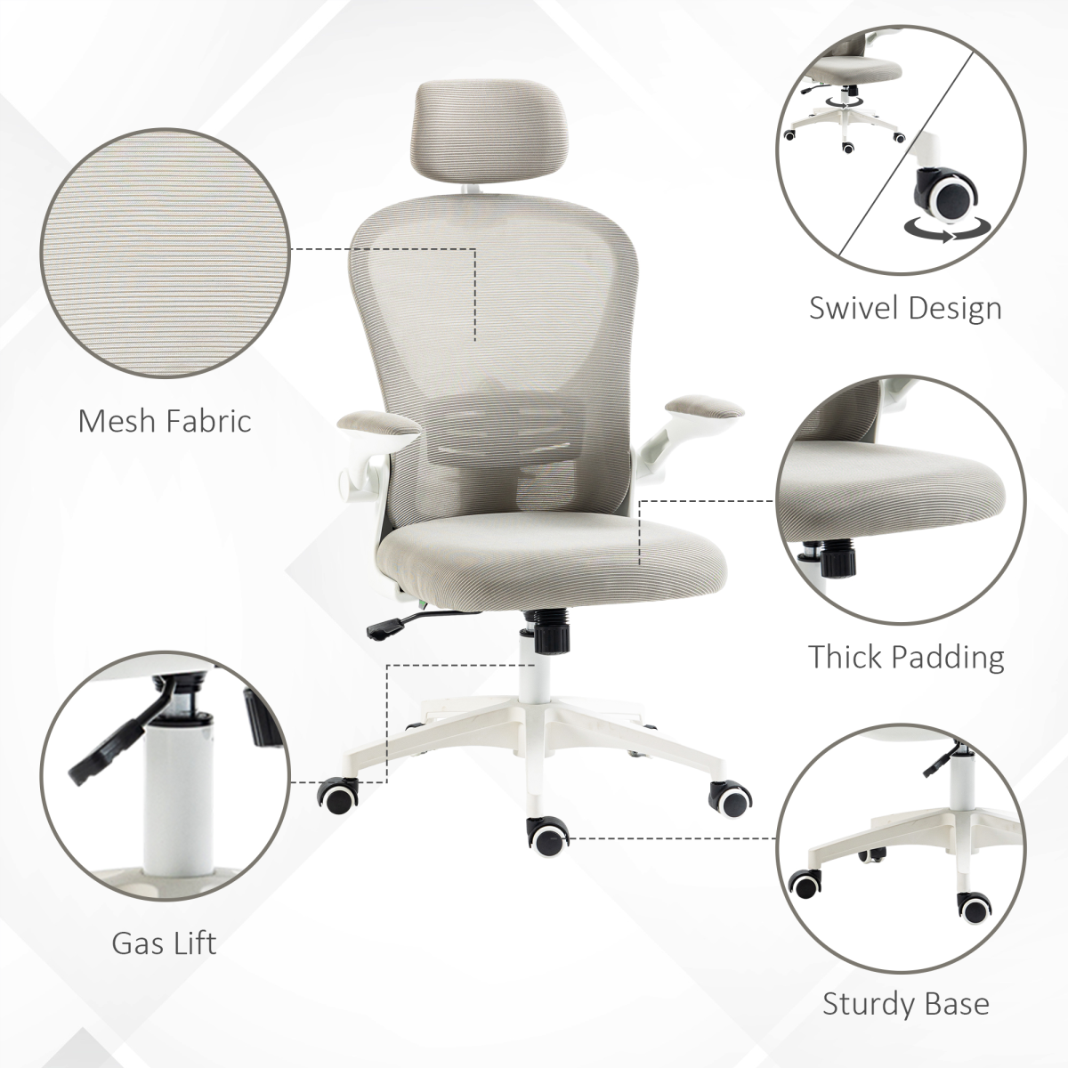 Vinsetto Grey Mesh Office Chair with Headrest, Adjustable Lumbar, Flip-Up Arms