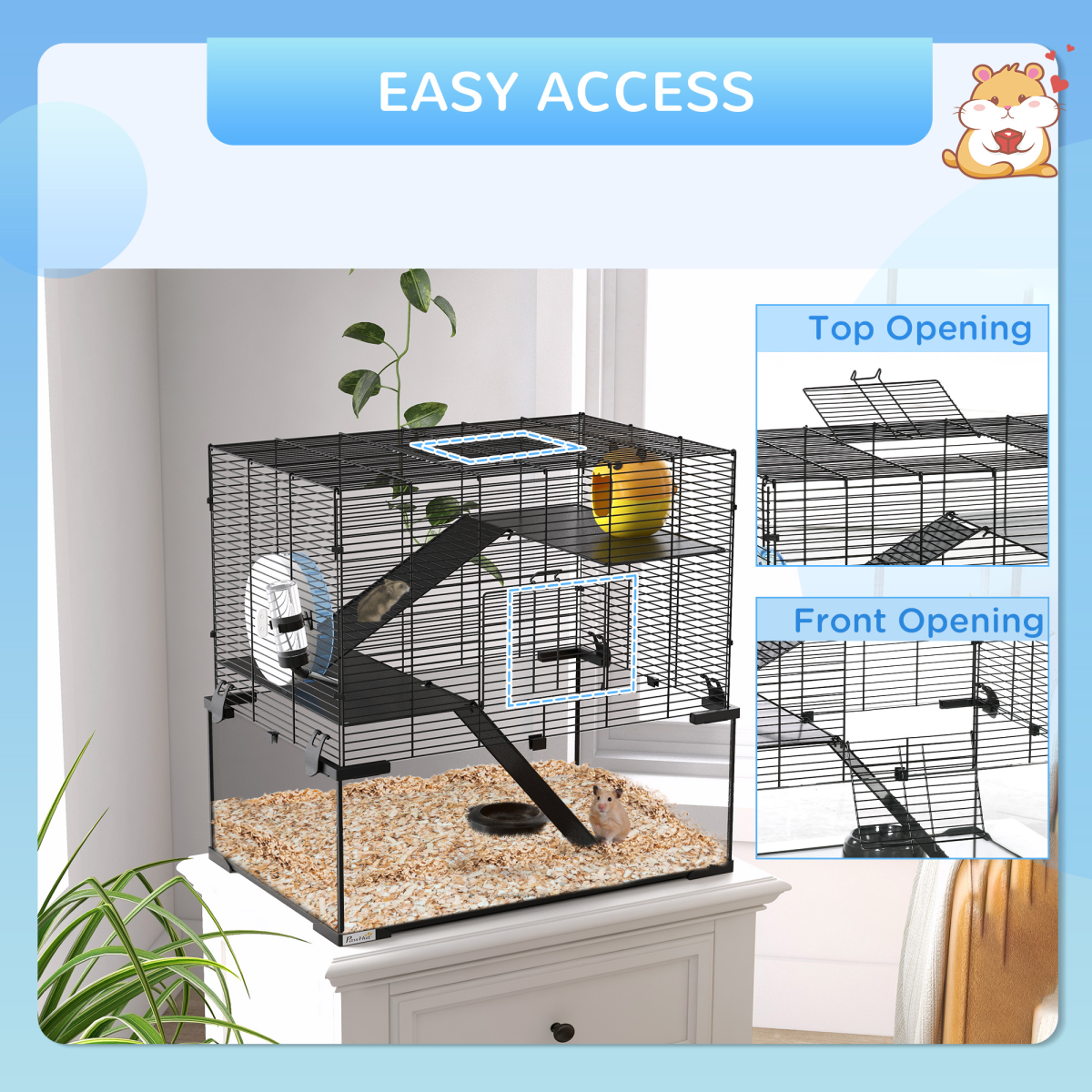 PawHut 3-Tier Hamster Cage with Glass Bottom, Dish & Hut, 60x40x57cm