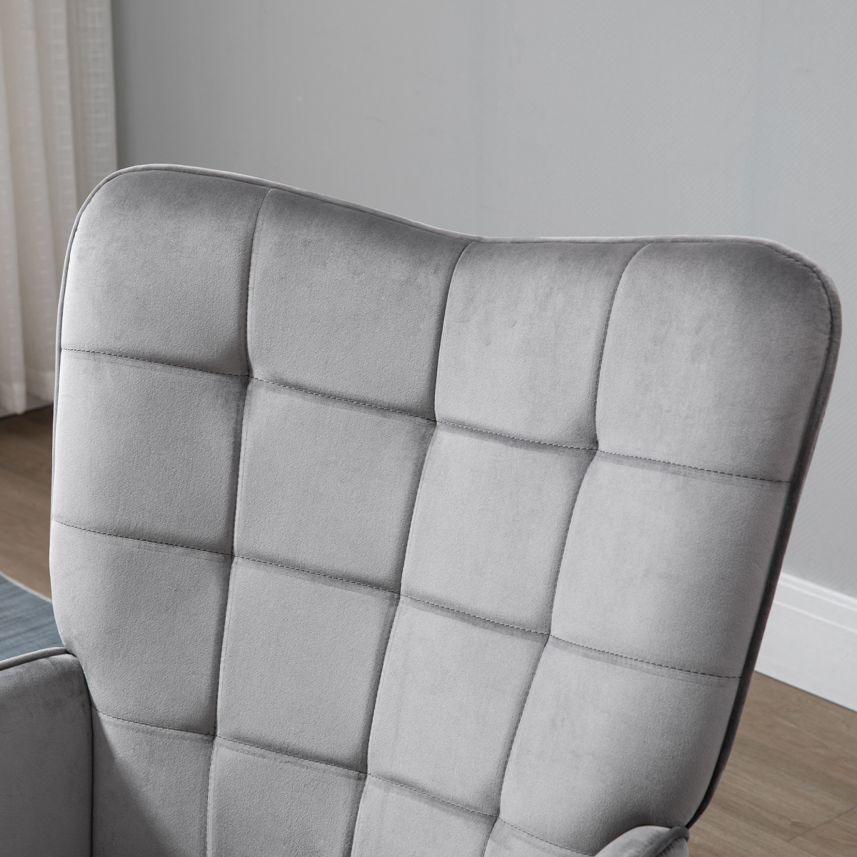 HOMCOM Modern Grey Velvet-Touch Tufted Wingback Accent Chair with Wooden Legs