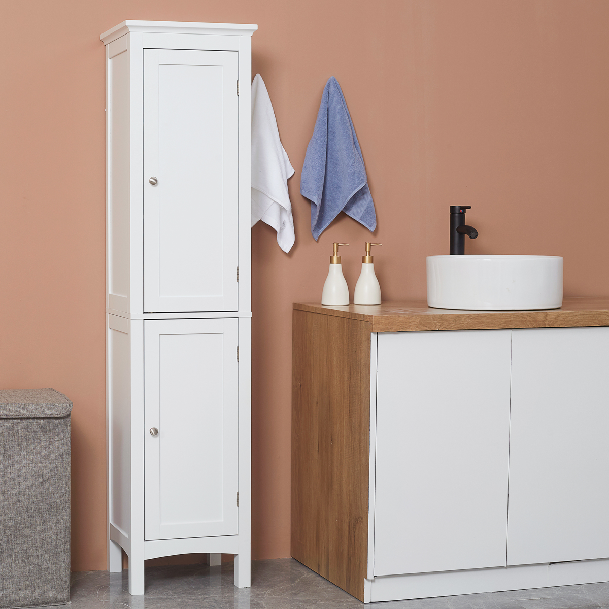 kleankin Tall Bathroom Cabinet, Double Door, Adjustable Shelves, White