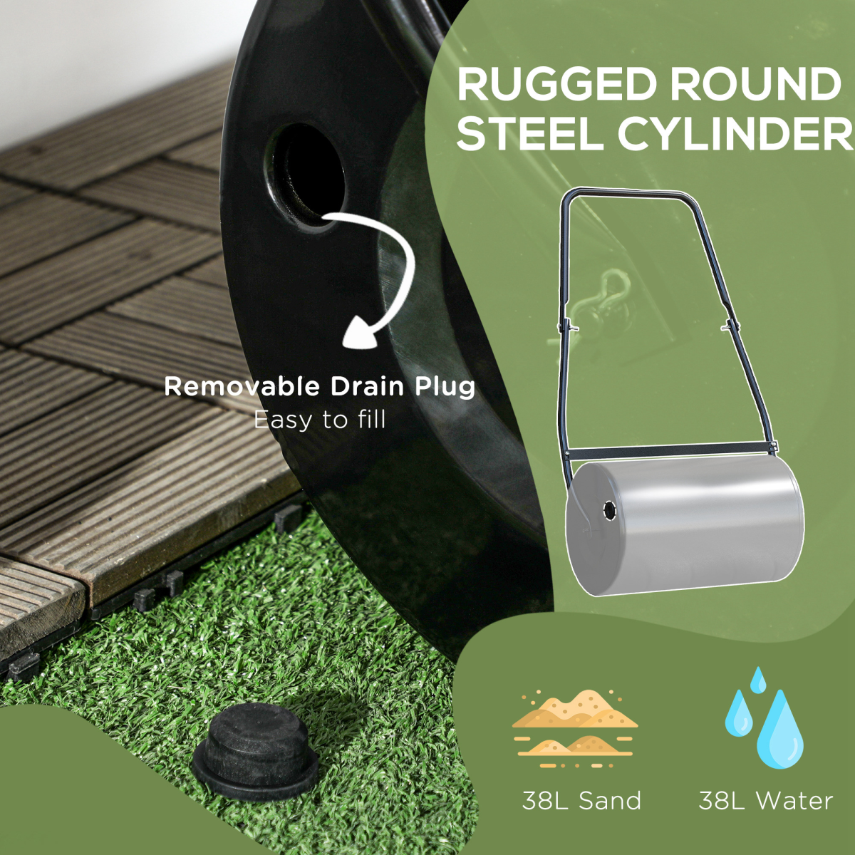 Durhand Garden Lawn Roller, 38L Steel Push Grass Roller with U-Shaped Handle