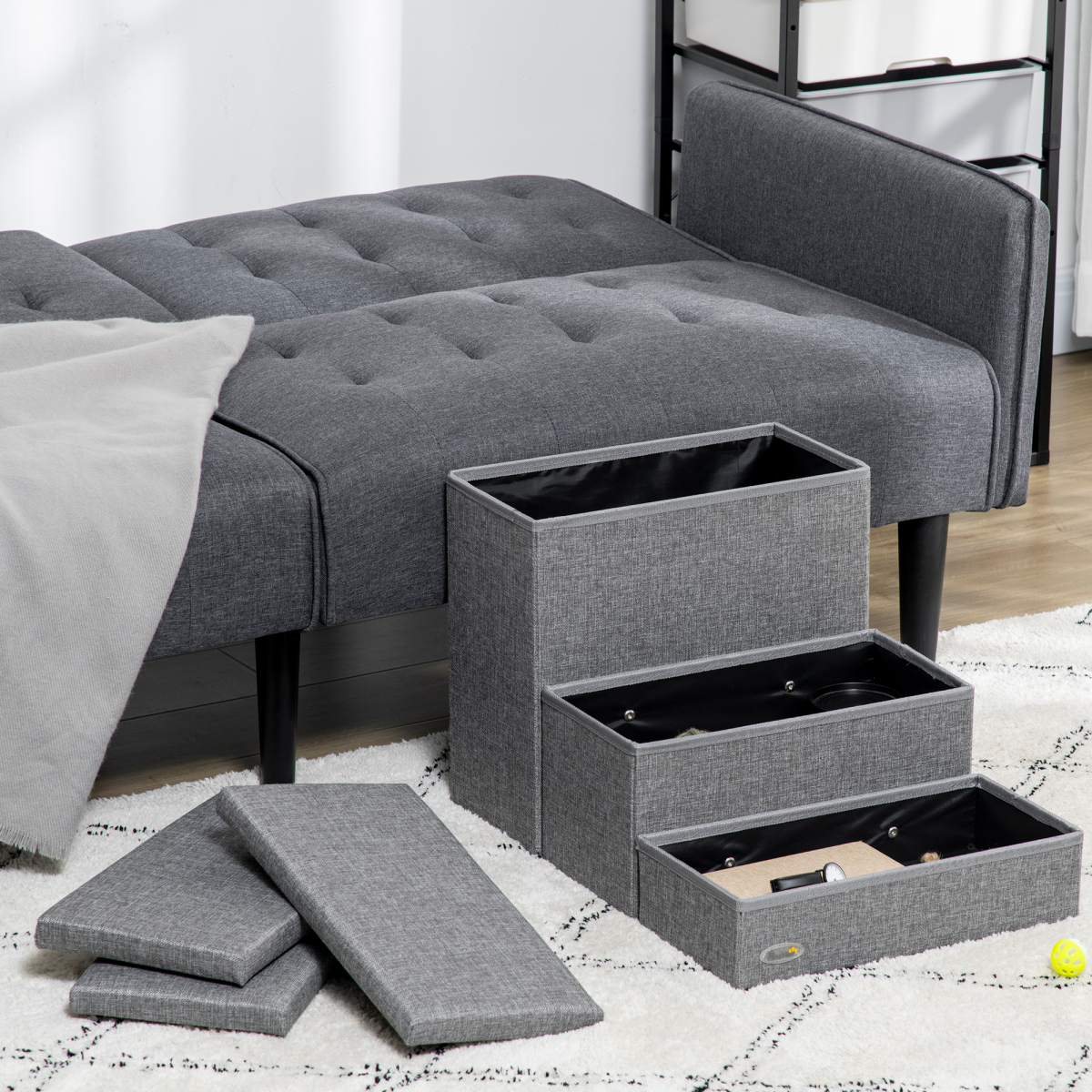 PawHut 3-Step Pet Stairs with Storage Boxes for Bed & Sofa, Light Grey