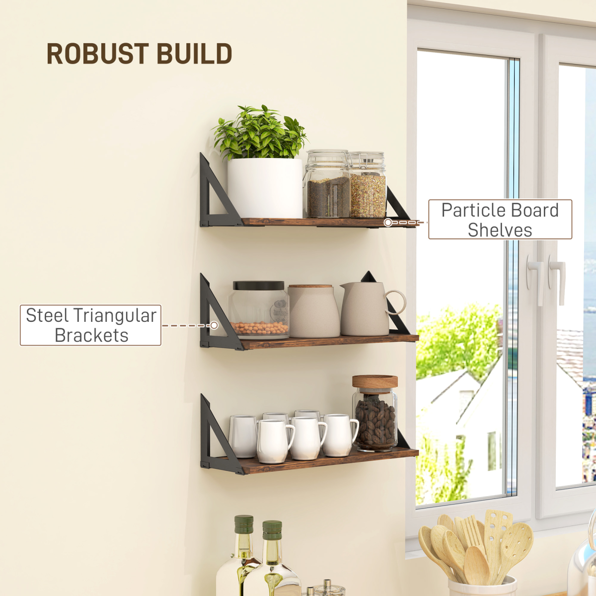 HOMCOM Set of 3 Vintage Wall Shelves, Rustic Brown
