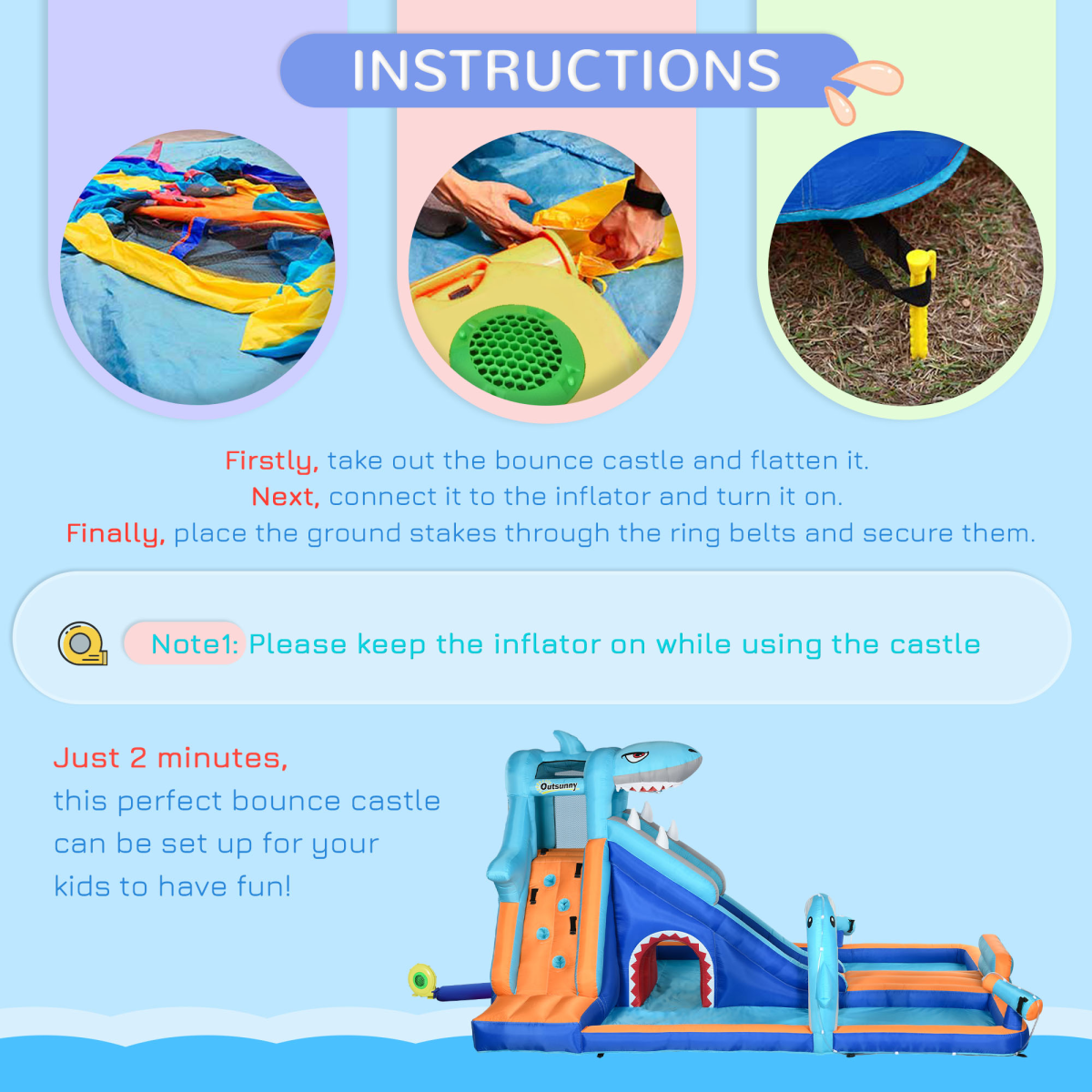 Outsunny 6-in-1 Kids Shark-Themed Bouncy Castle Water Park with Slide, Pool, Trampoline and Blower
