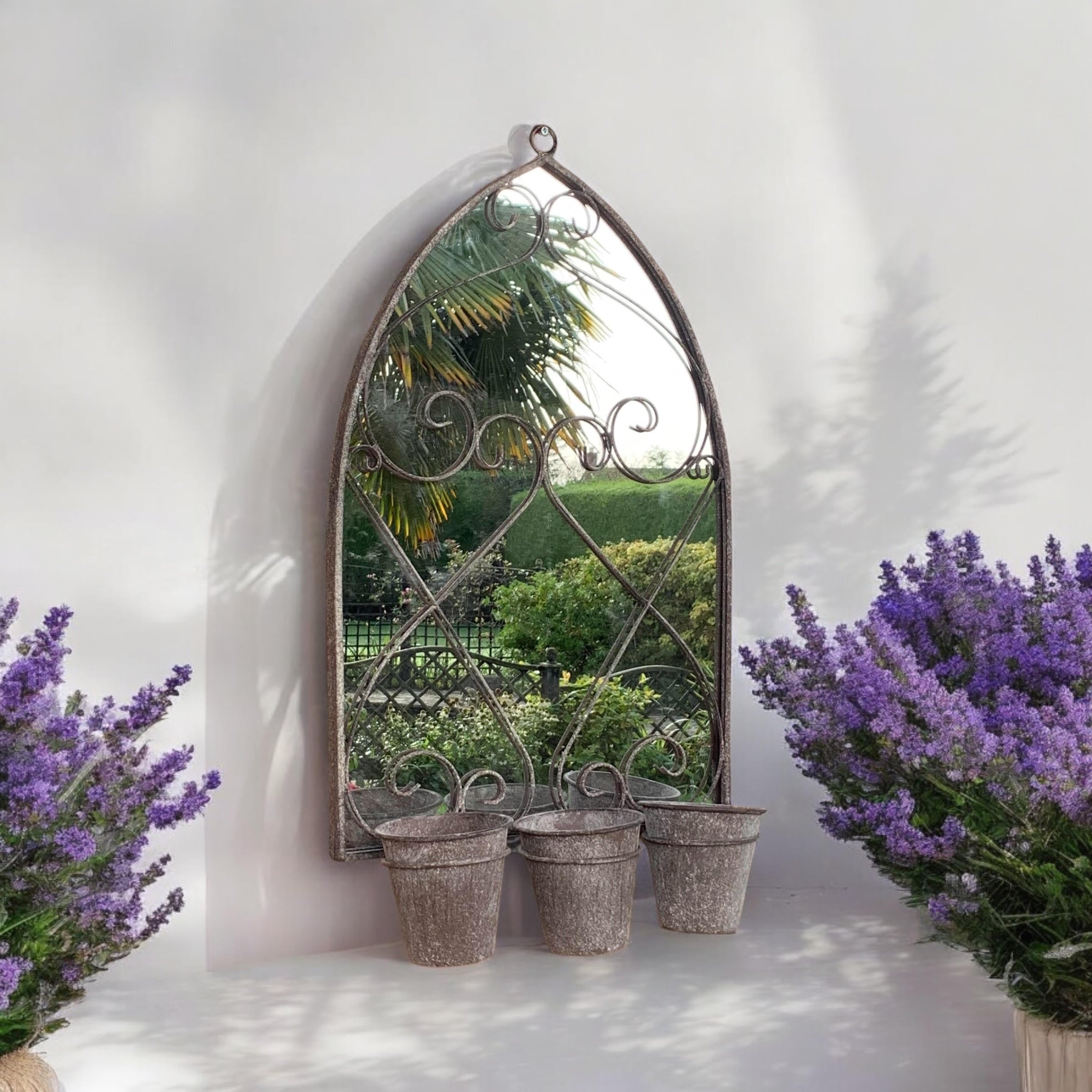 MSL 73cm Rusty Wall Mirror with 3 Planter Holders and Pot