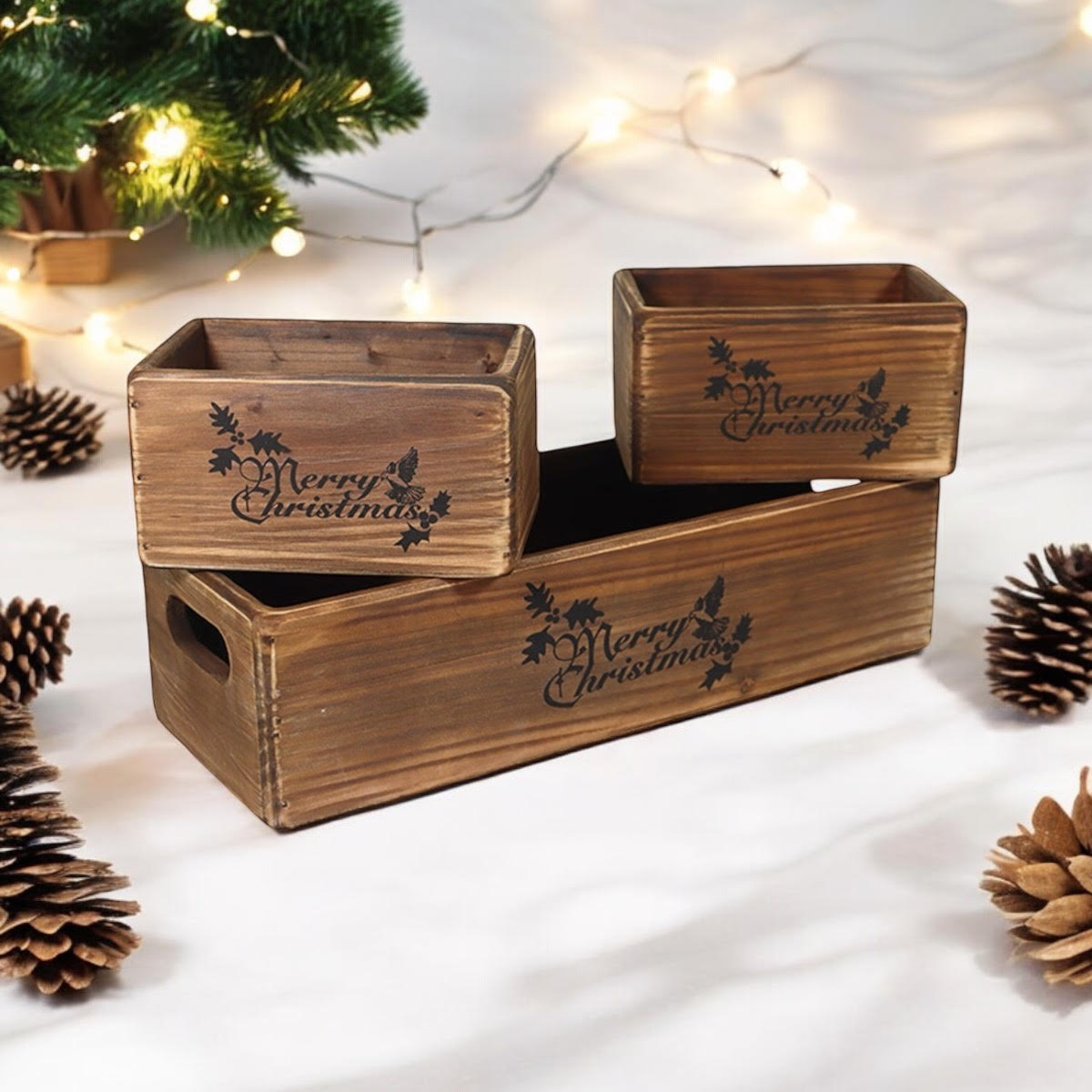 MSL Set of 3 Hand Finished Wooden Christmas Boxes 34/15/15cm