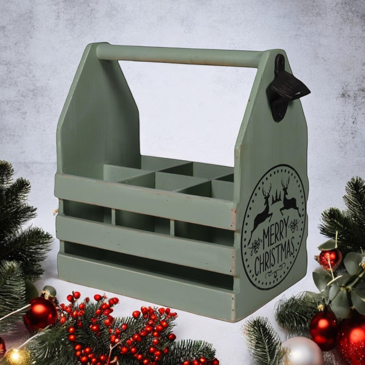 Rustic Green 6-Bottle Holder with Opener Hand Finished Wine Caddy for Beer Lovers