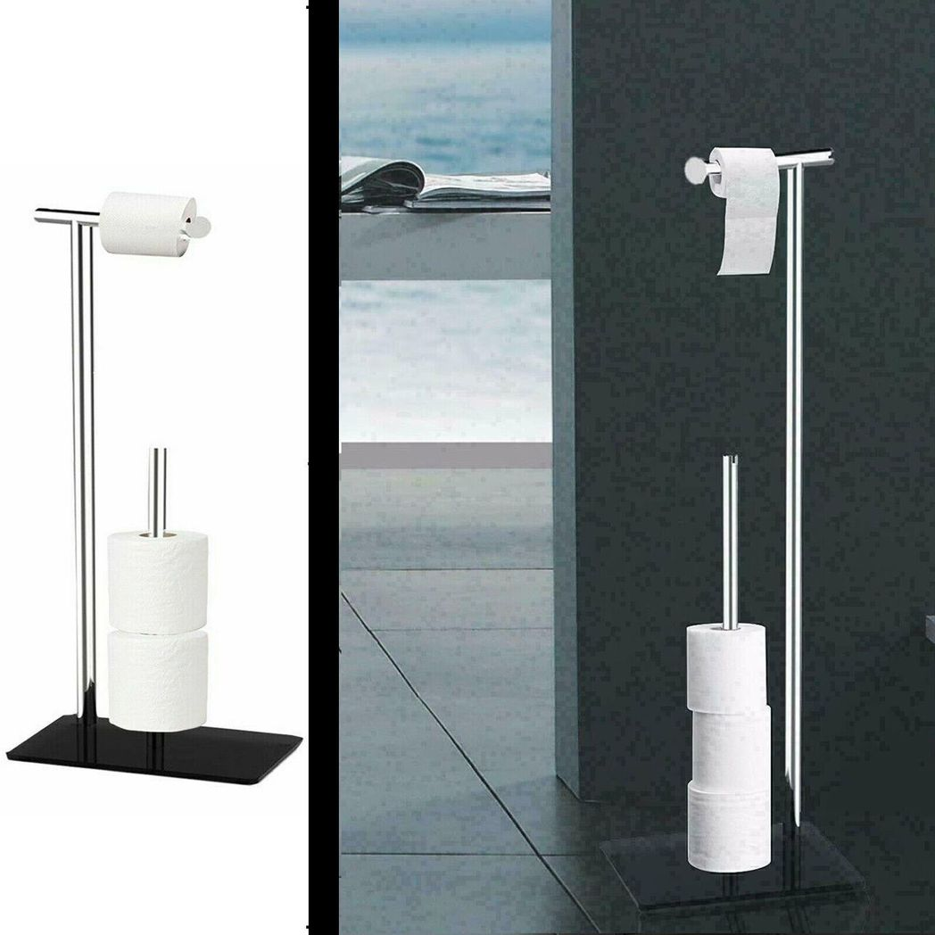 Free-Standing Stainless Steel Toilet Roll Holder and Storage Stand with Black Tempered Glass Base
