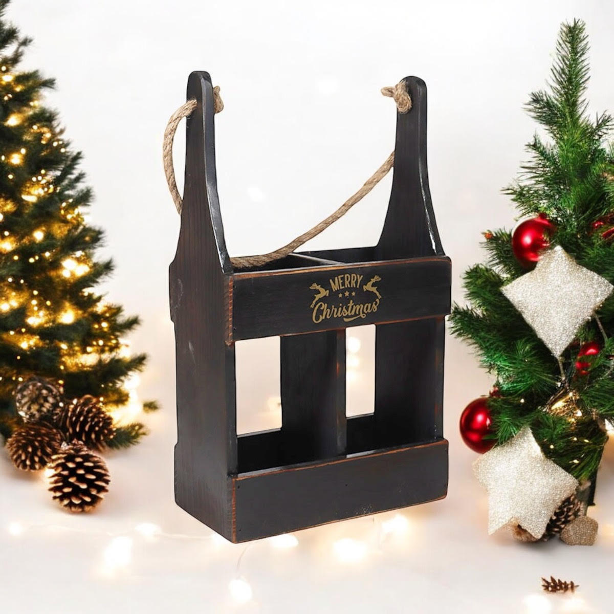 39cm Black Wooden 2 Bottle Hand Finished Wine Caddy