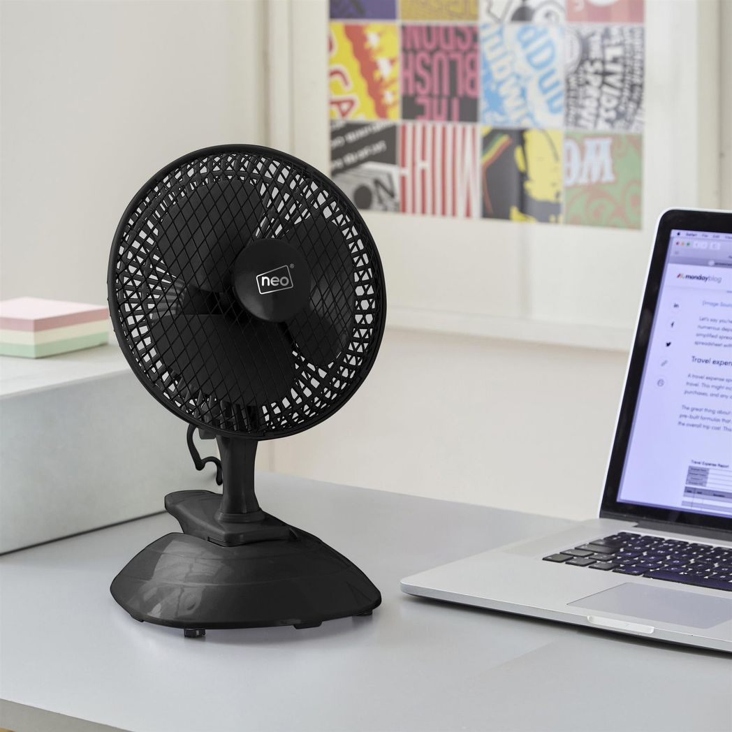 Neo 6-Inch Clip-On or Base Mount Desk Fan, 2-Speed, 360° Rotatable, Black