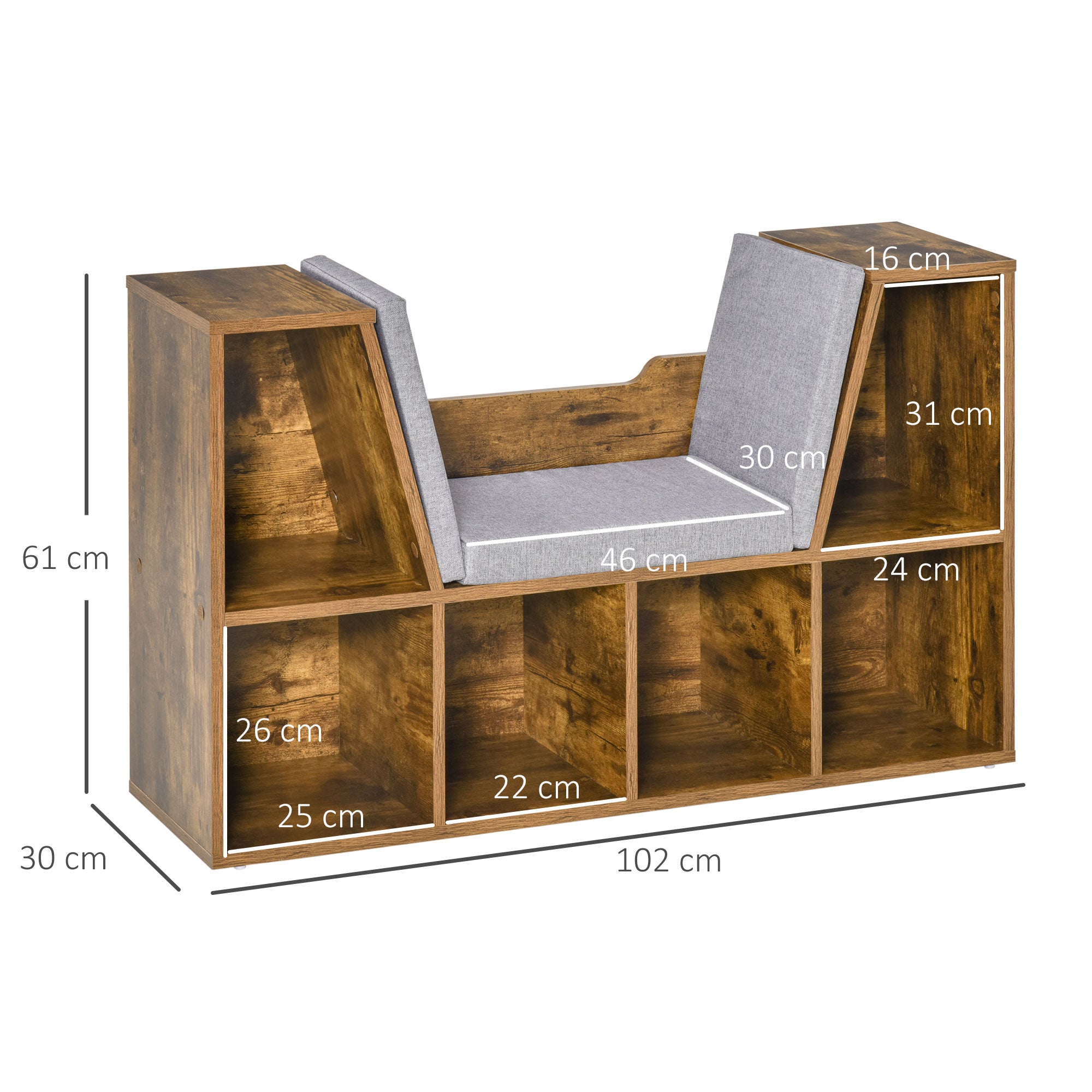 HOMCOM Kids Bookcase Storage Unit with 6 Cubbies and Padded Reading Seat, Brown