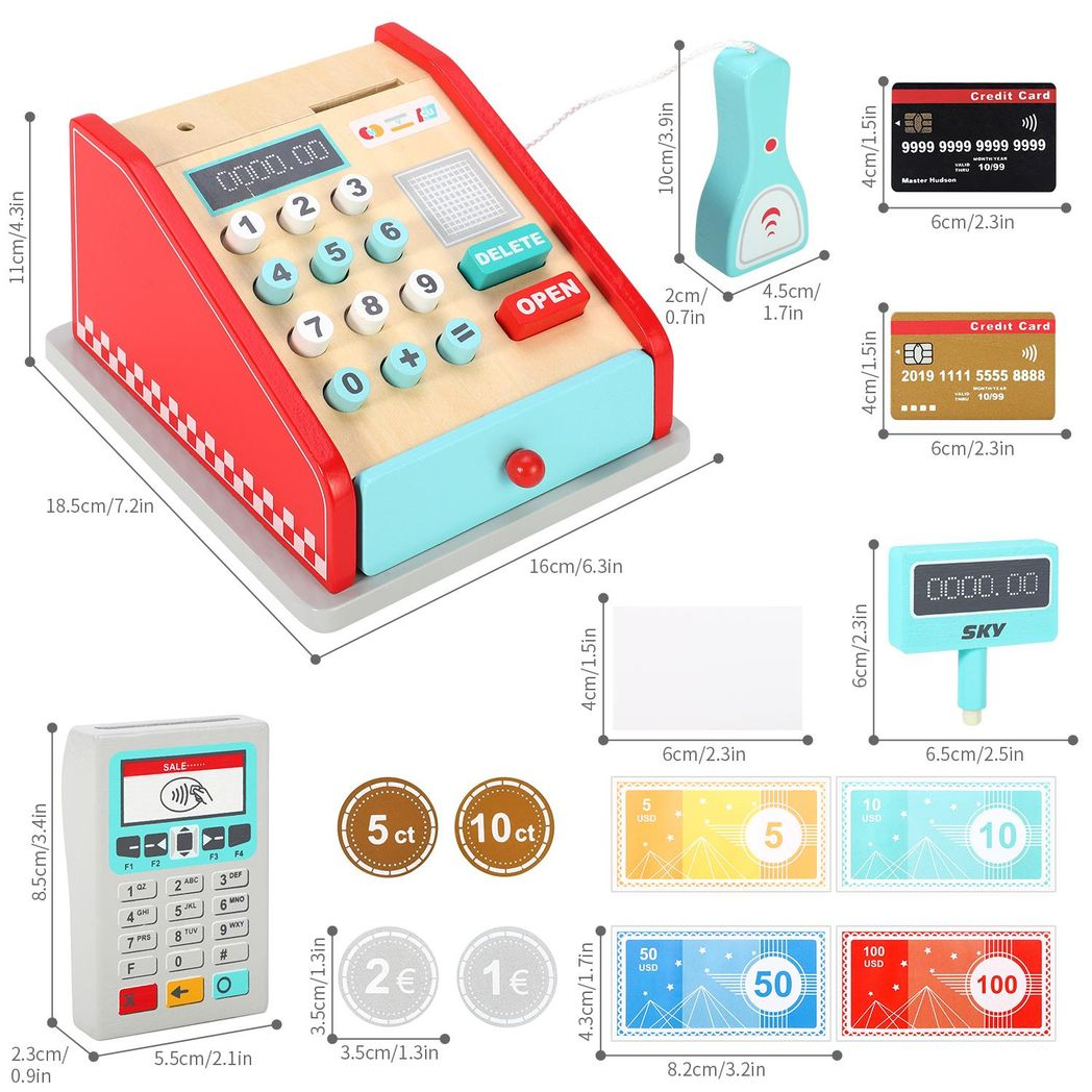 SOKA Play Imagine Learn Wooden Cash Register Playset, Red and Mint