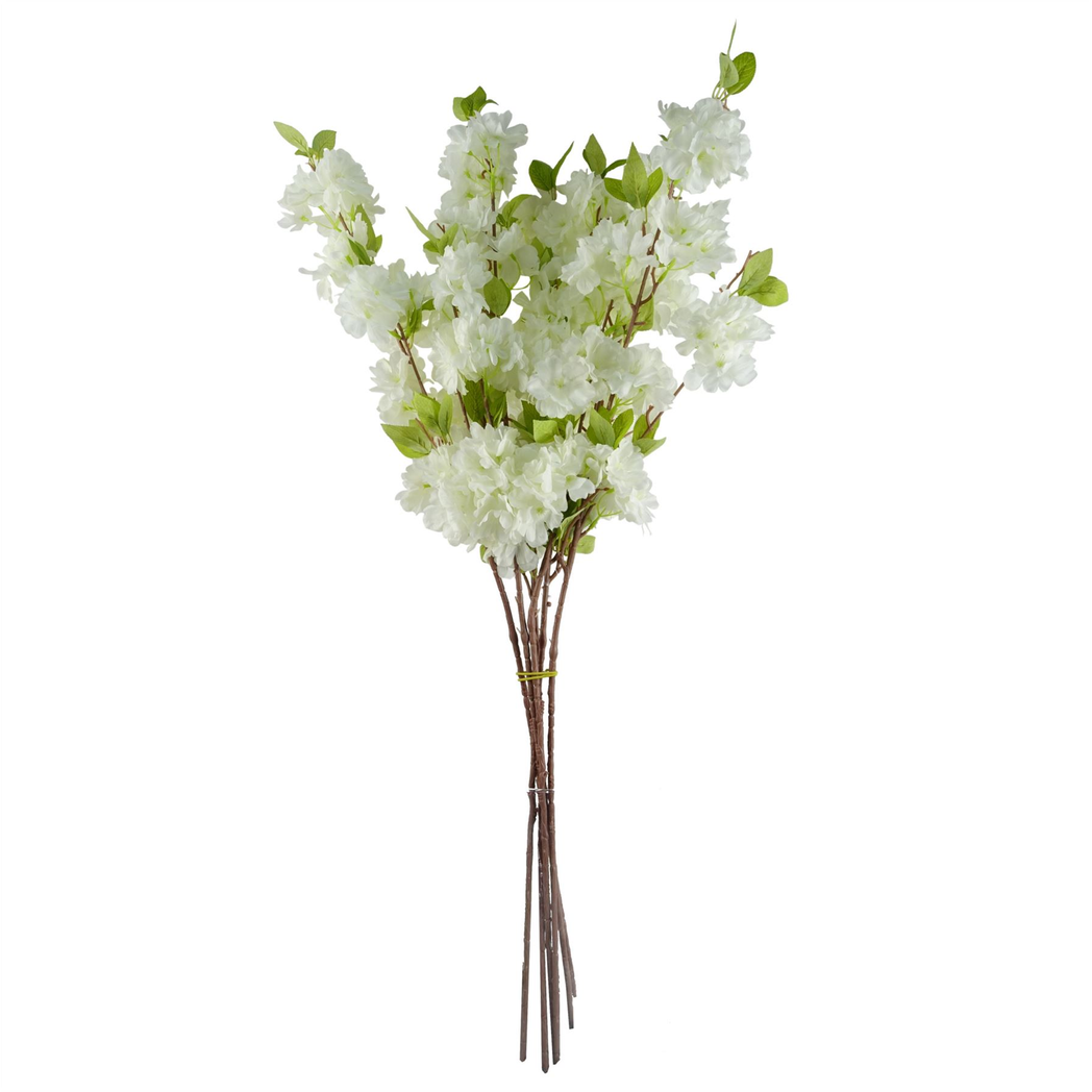 Pack of 6 White Artificial Blossom Stems 100cm with Silk Flowers and Leaves