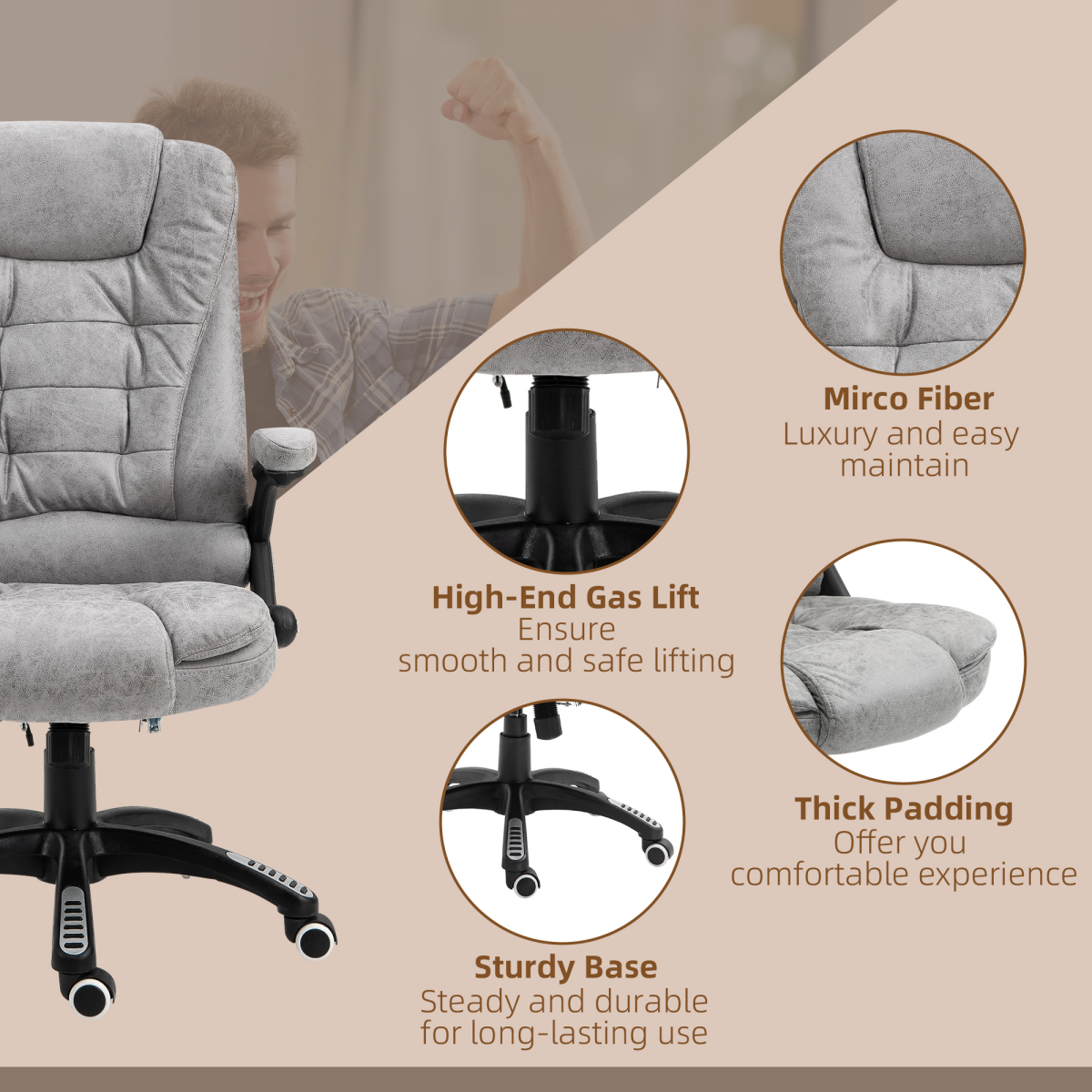 Grey Executive Reclining Office Chair with Heating Massage Headrest