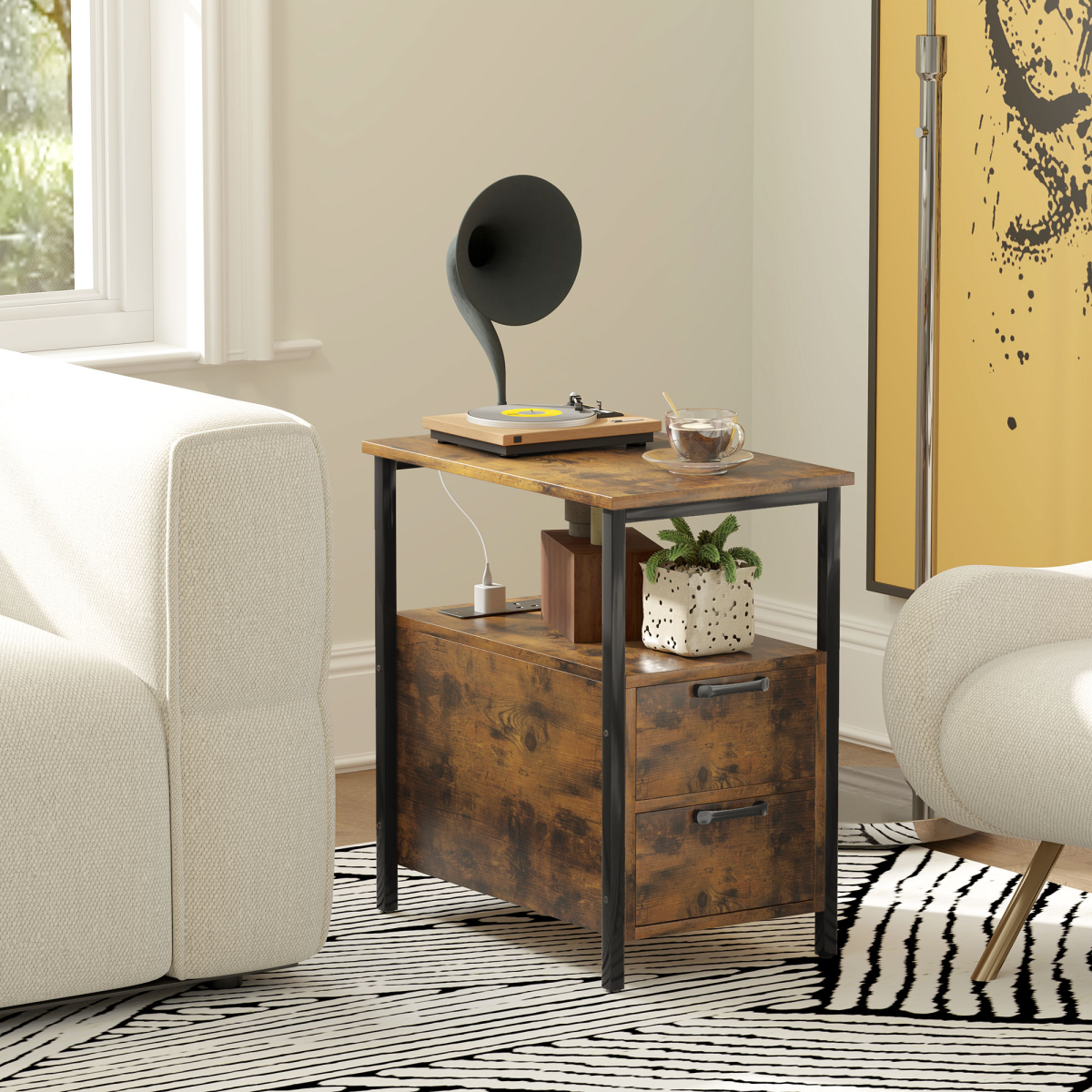 HOMCOM Nightstand with Charging Station, 2 Drawers, Rustic Brown