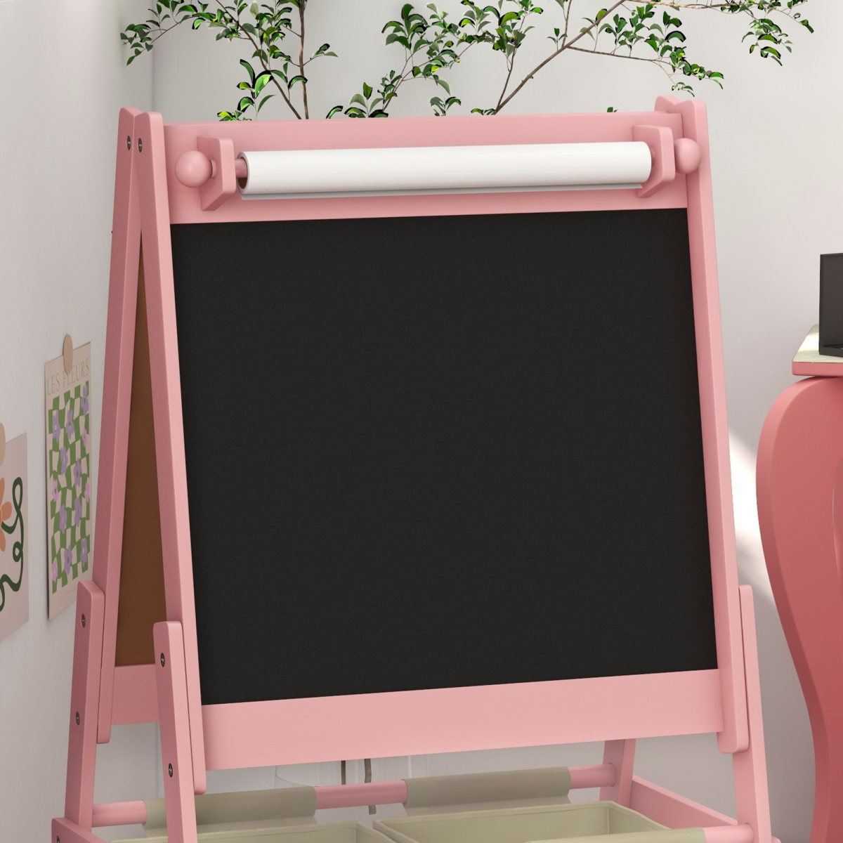 AIYAPLAY Kids 3-in-1 Easel with Paper Roll, Blackboard & Whiteboard, Pink