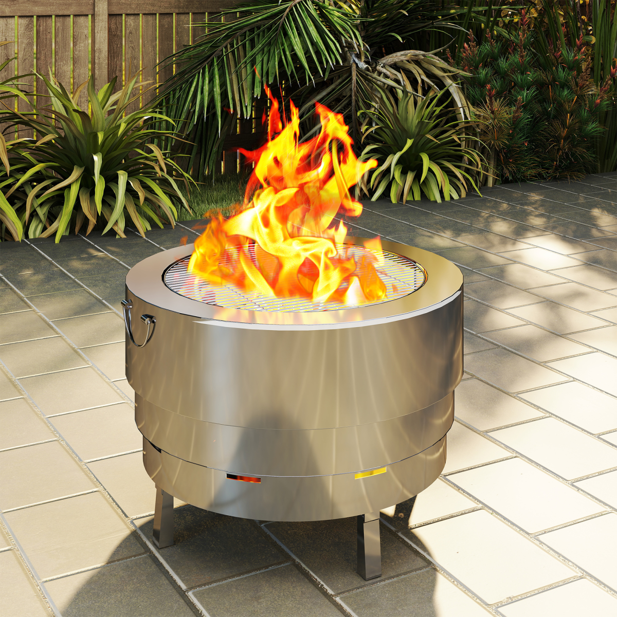 Outsunny Stainless Steel Round Fire Pit with Grill Net, Silver