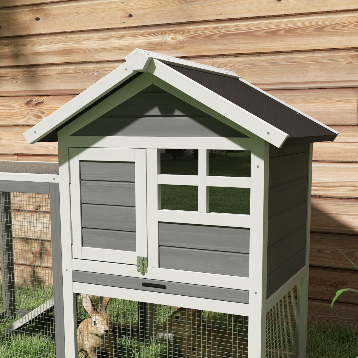 122cm Wooden Rabbit Hutch with Outdoor Run, Ladder and Pull-Out Tray
