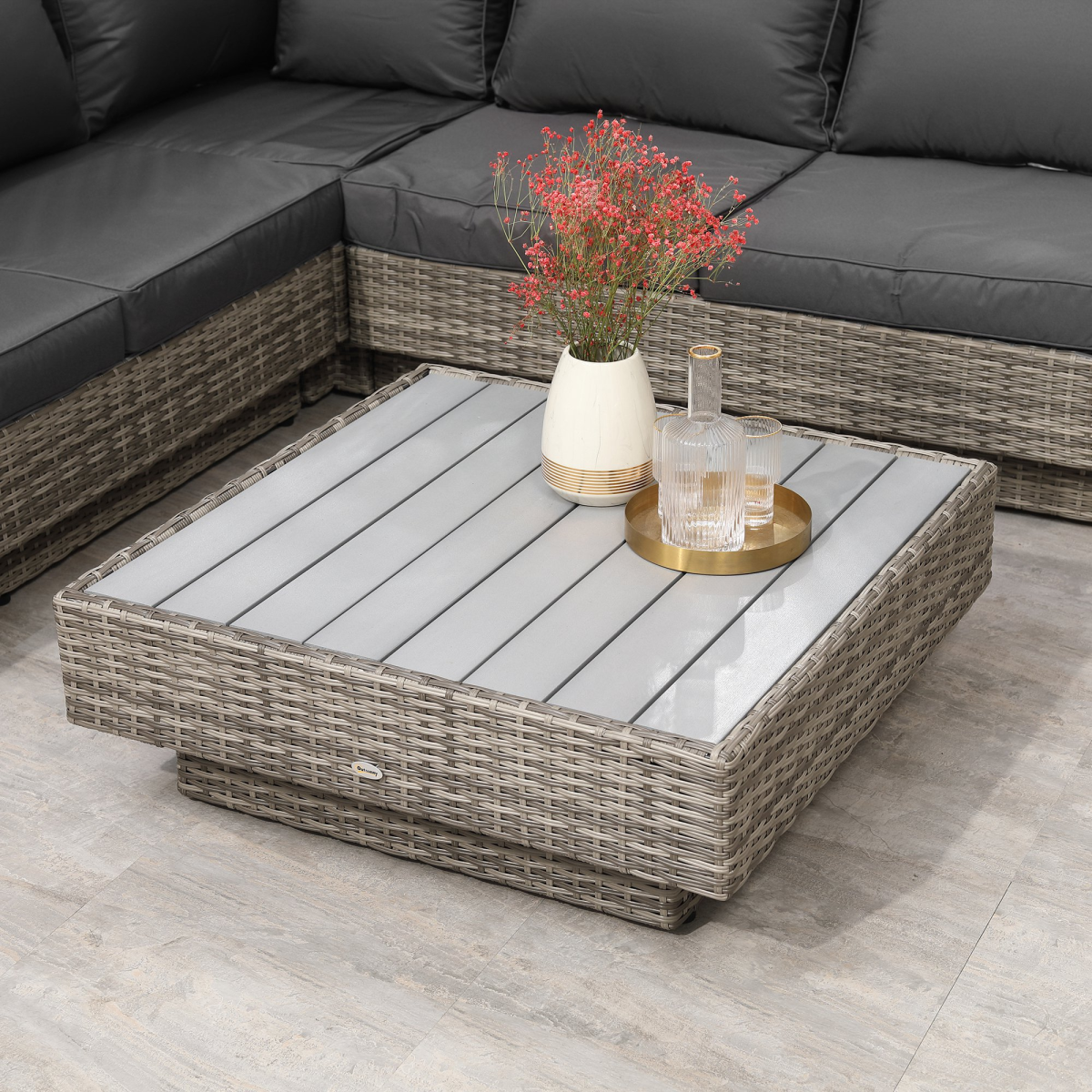 Outsunny 4-Piece 5-Seater Rattan Sectional Corner Sofa Table Set with Cushions - Light Grey