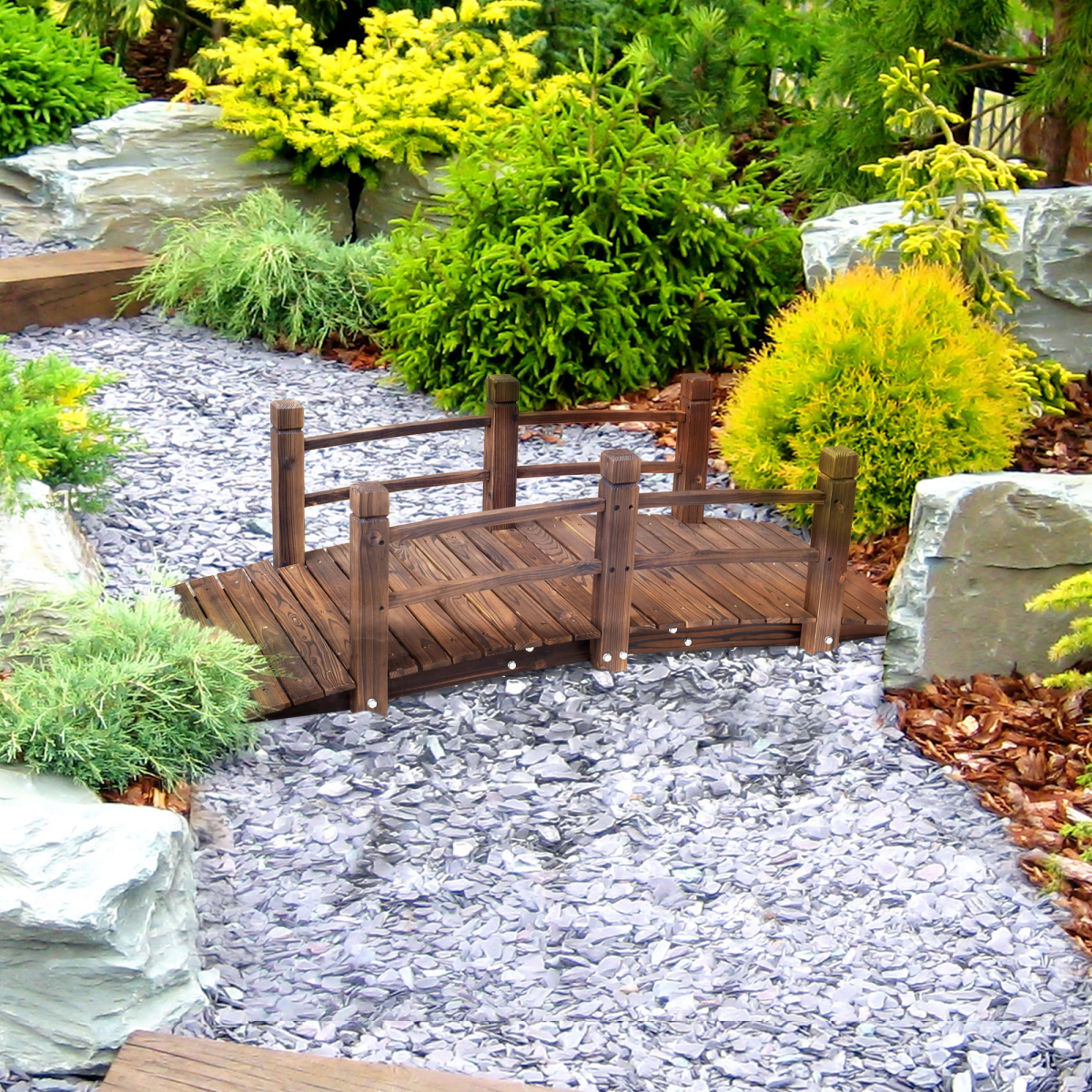 Outsunny Wooden Garden Bridge, Fir Wood, Stained Finish, Arch Design, Side Rails