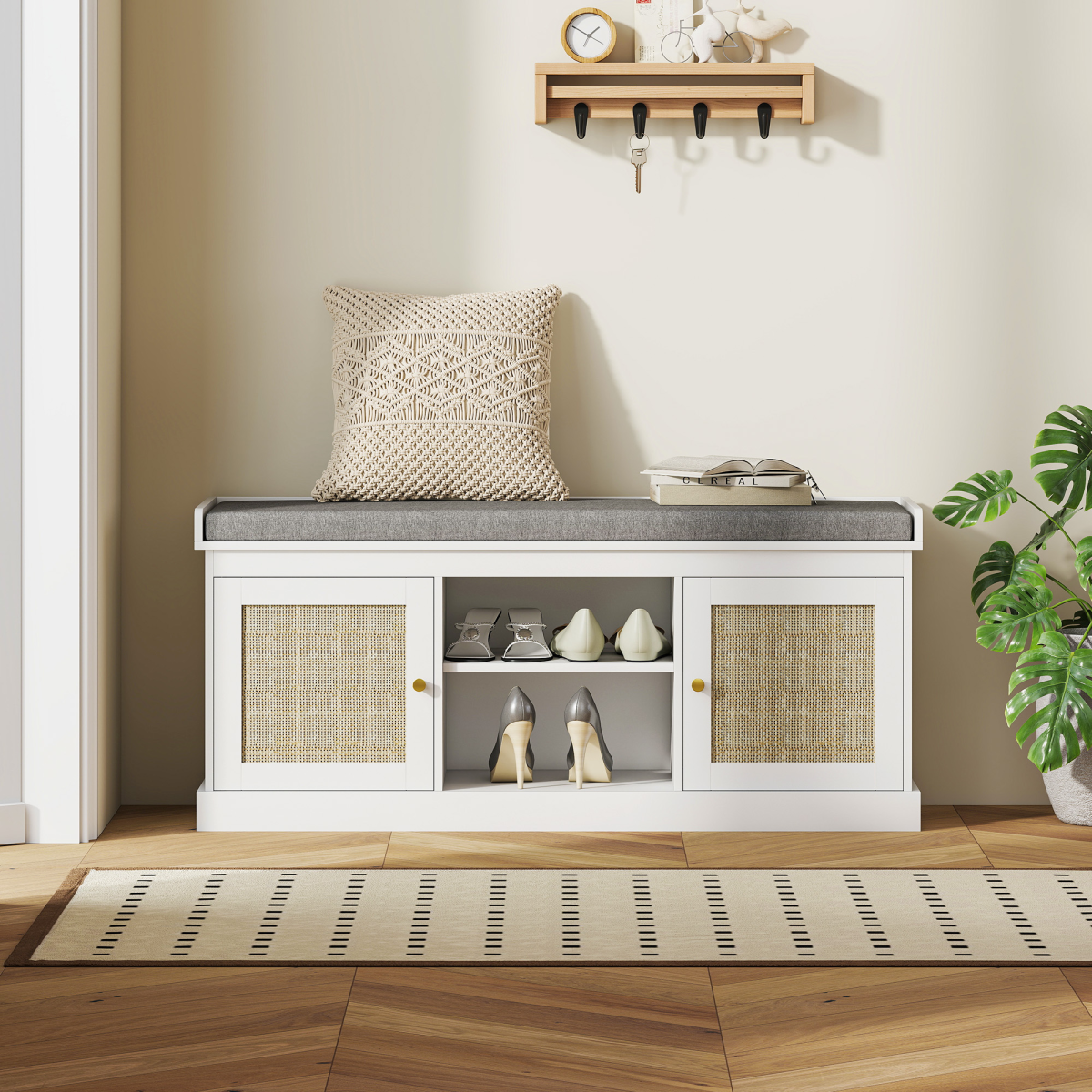 HOMCOM Boho Rattan Shoe Storage Bench with Padded Seat