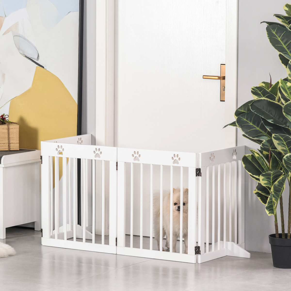 PawHut Freestanding 4-Panel Folding Wooden Pet Gate with Support Feet for Small Dogs