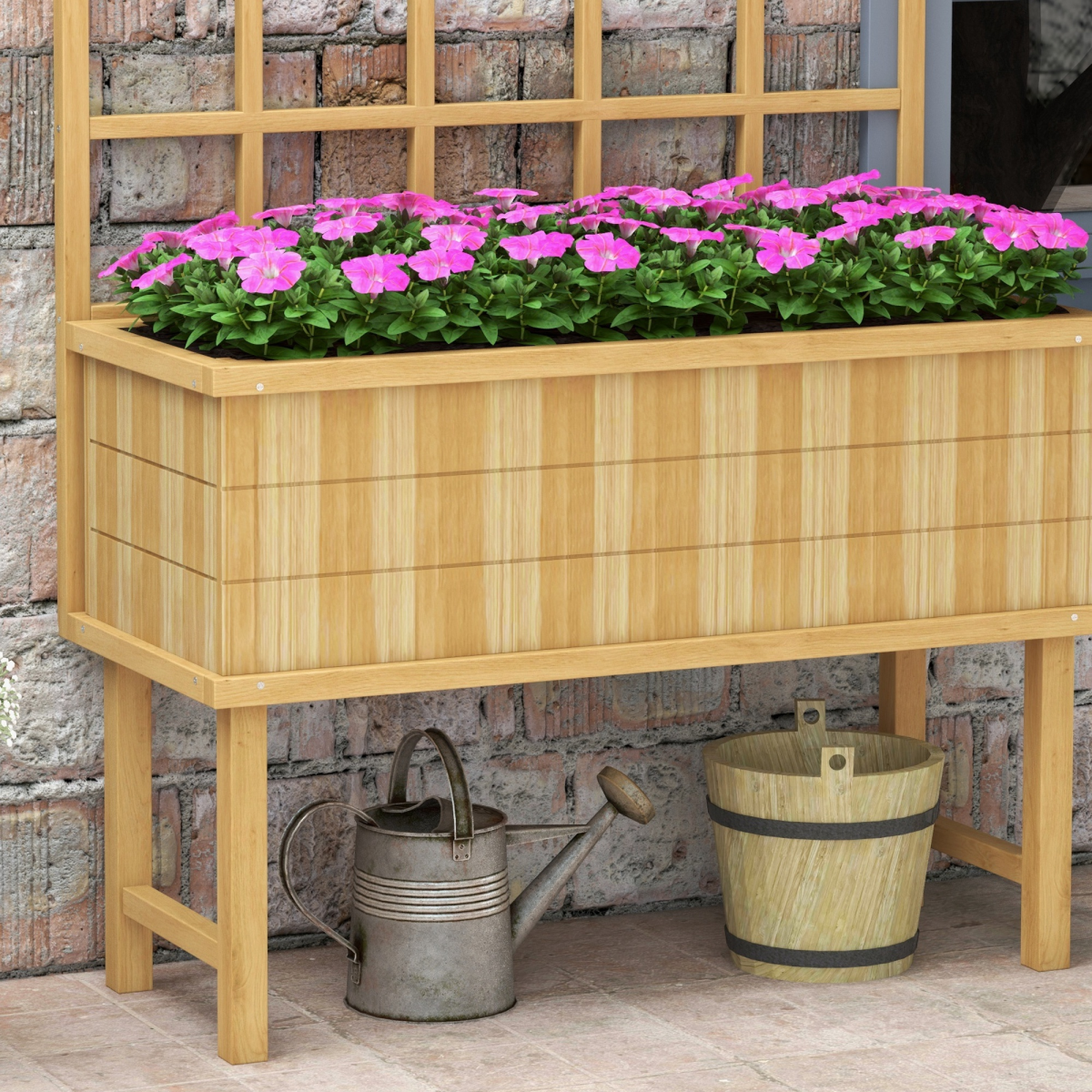 Outsunny Natural Wood Raised Planter Box with Trellis, Drain Holes, Elevated Garden Bed